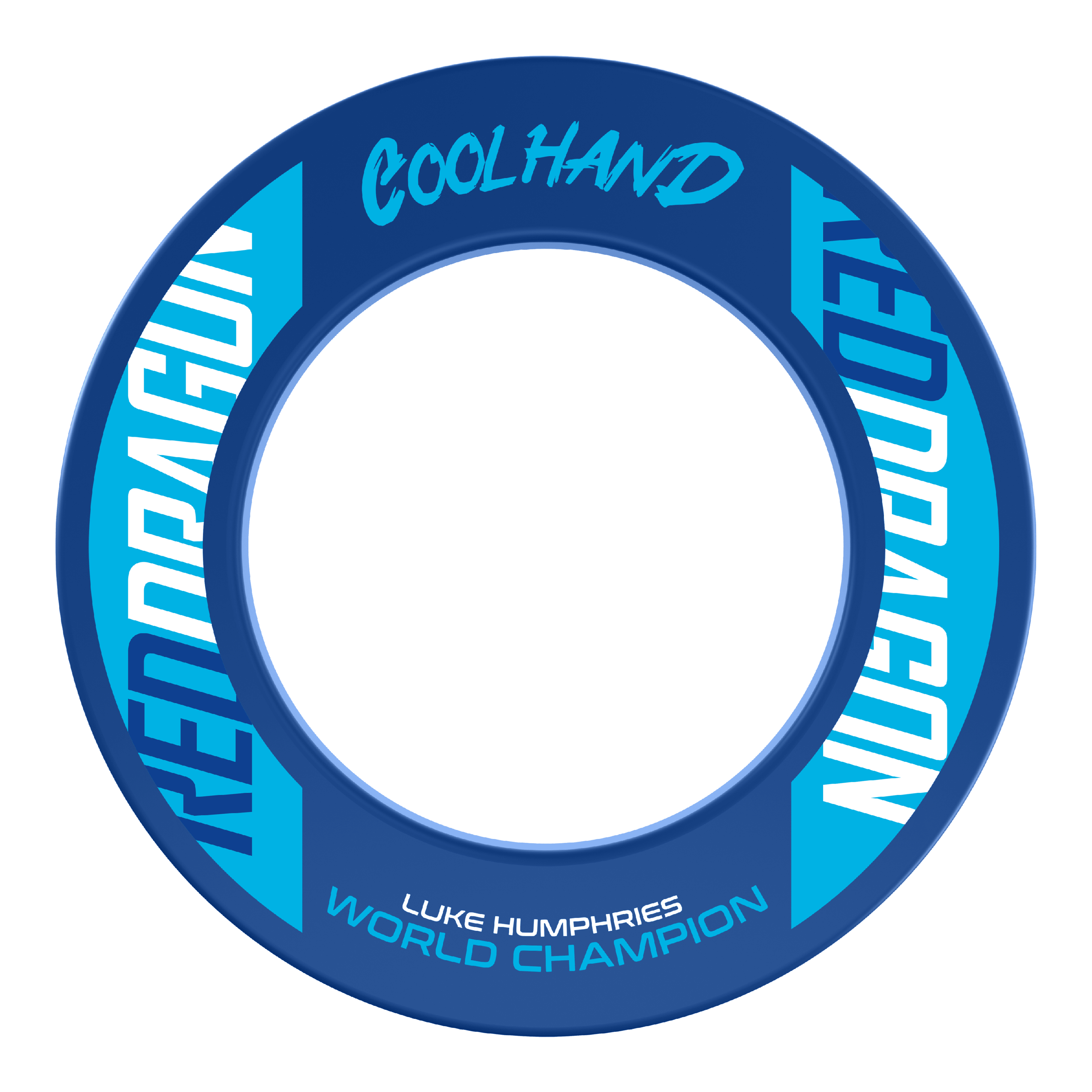 Cadre de fléchettes Red Dragon Luke Humphries, champion du monde Das Bild zeigt den "Red Dragon Luke Humphries World Champion Dartboard Surround" in Blau mit weißen und hellblauen Schriftzügen. Auf dem Produkt stehen die Wörter "Coolhand", "Red Dragon" und "Luke Humphries World Champion".