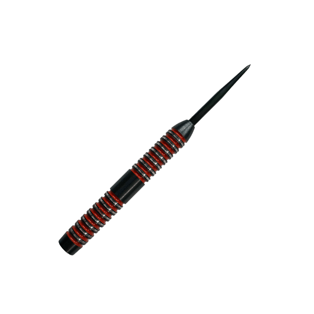 Canons en acier McDart Crimson Das Bild zeigt einen McDart Crimson Steeldart Barrel. Der Barrel ist schwarz mit auffälligen roten Ringen und hat ein gerilltes Design für besseren Halt.