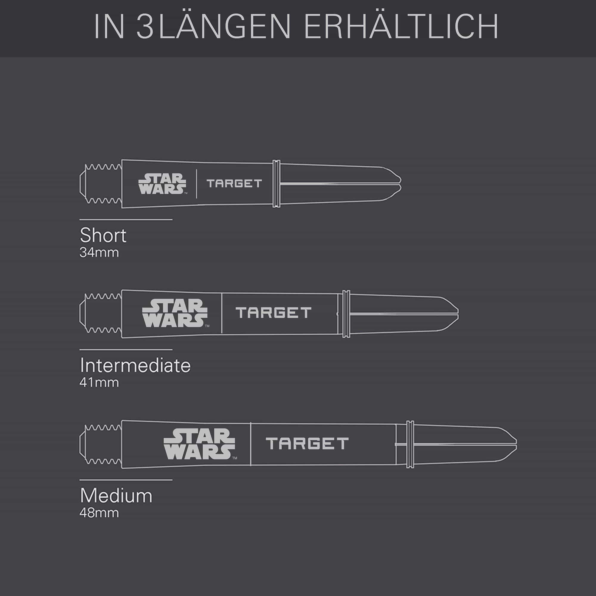 Zu sehen sind die Target Star Wars ProGrip Shafts in schwarzer Ausführung. Die Schäfte sind speziell für Dartspieler gestaltet.