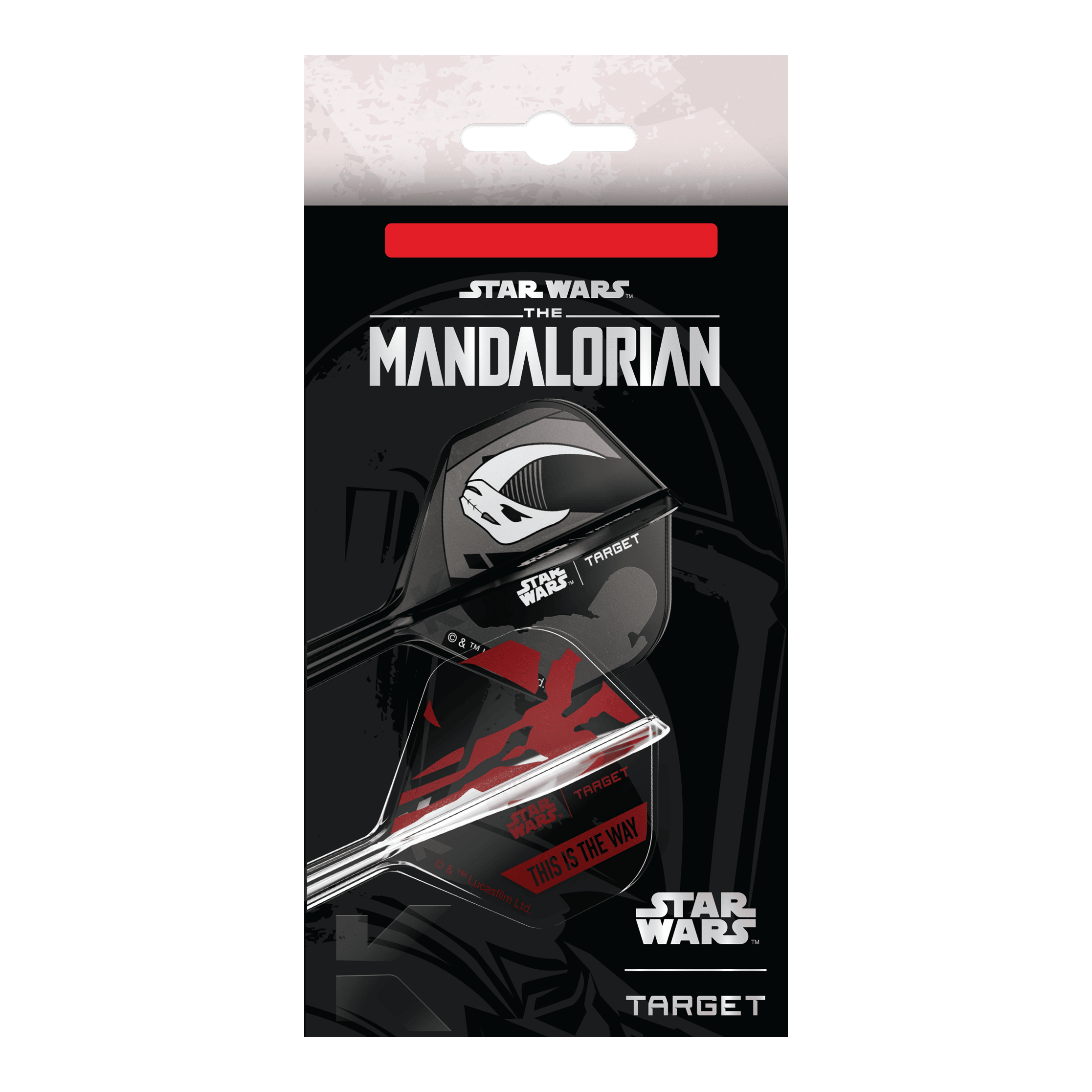 Dieses Bild zeigt das Target Star Wars K-Flex-Set Mandalorian No2 Standard Flights. Die Dart Flights haben ein Mandalorian-Design aus der Star Wars Serie.