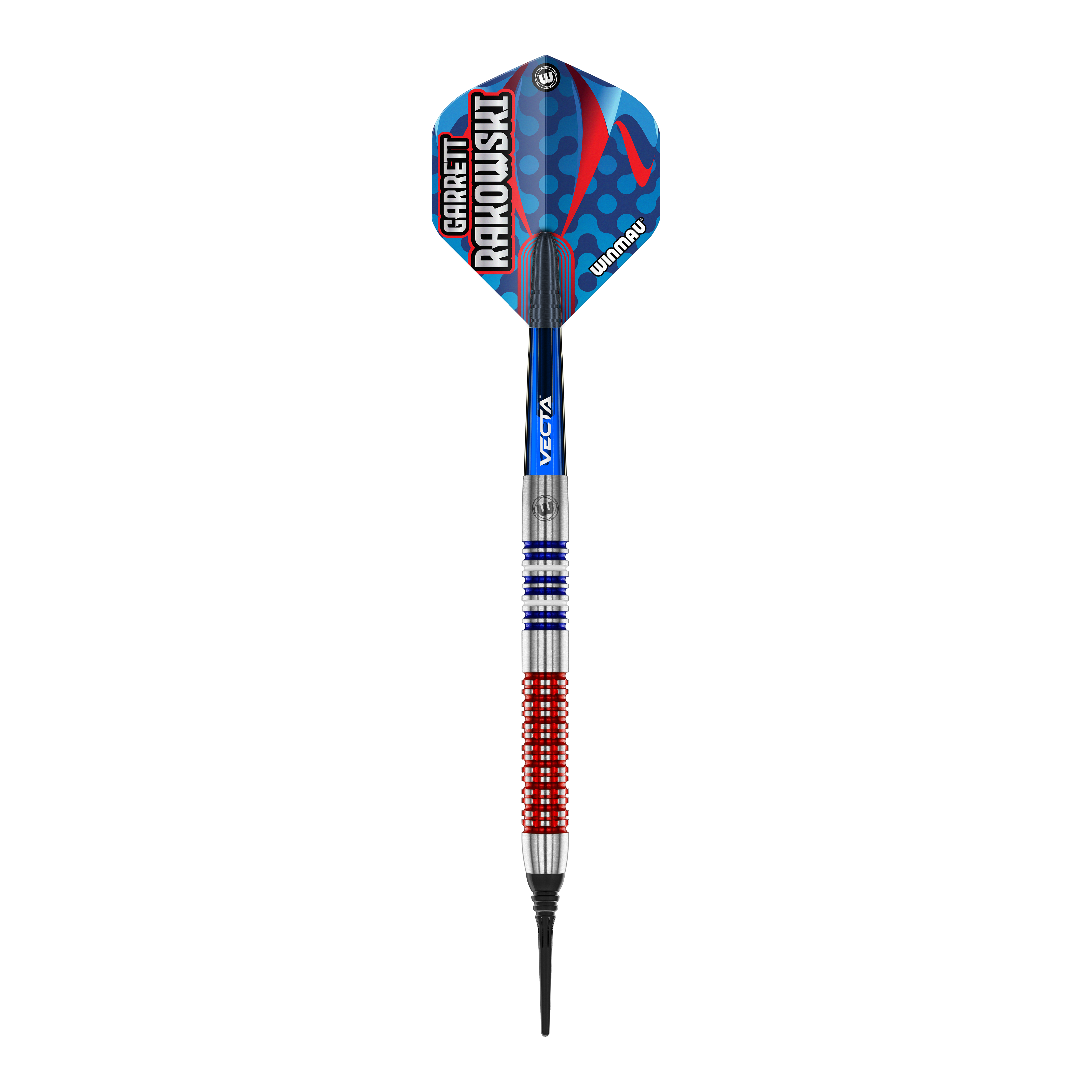 Fléchettes souples Winmau Garrett Rakowski - 20g Das Bild zeigt einen Winmau Garrett Rakowski Softdart mit einem Gewicht von 20g. Der Dart hat ein farbenfrohes, modernes Design mit blauen, roten und silbernen Elementen.