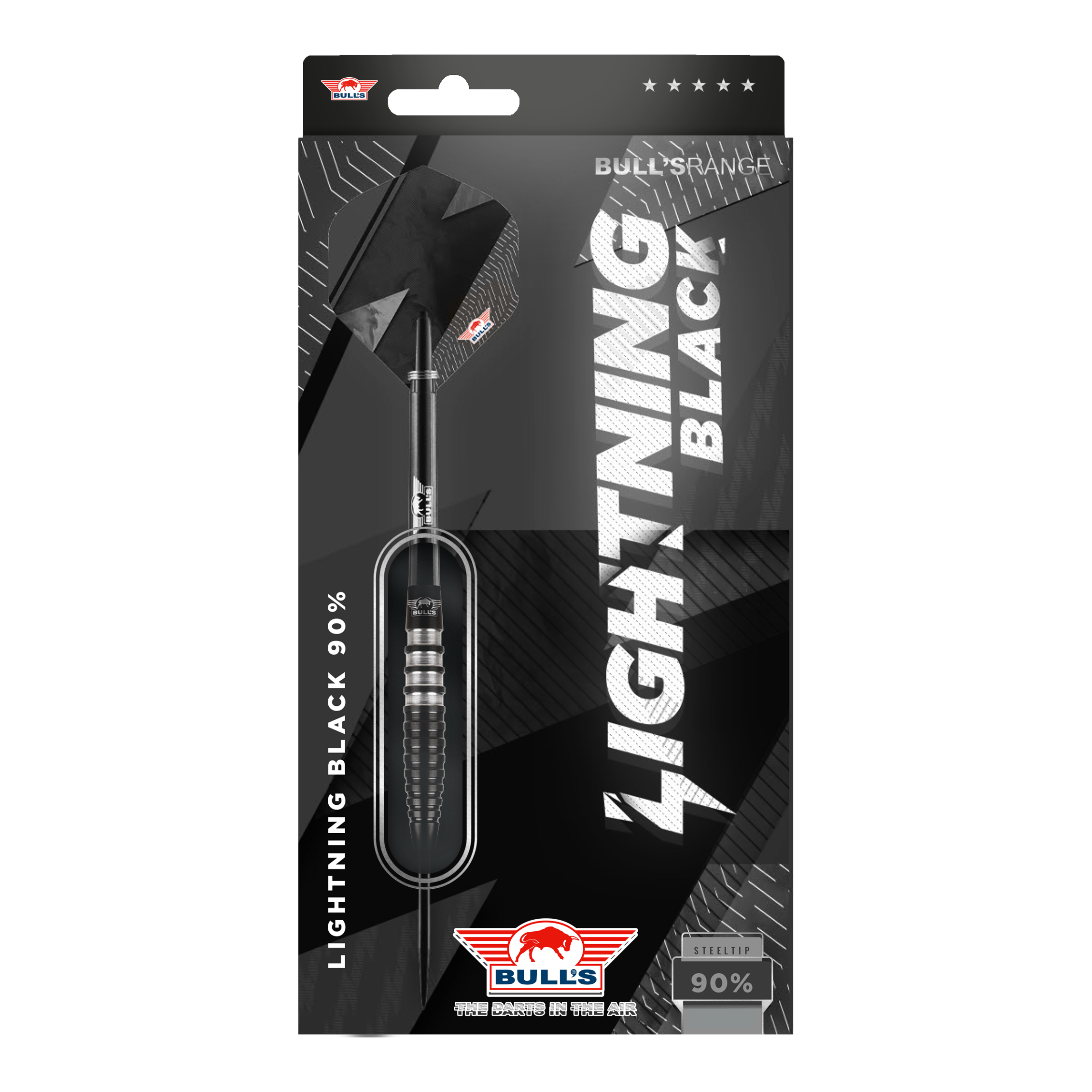 Fléchettes Bulls NL Lightning en acier noir Das Bild zeigt die Verpackung der "Bulls NL Lightning Black Steeldarts". Die Darts haben ein schwarzes Design und bestehen zu 90% aus Tungsten.