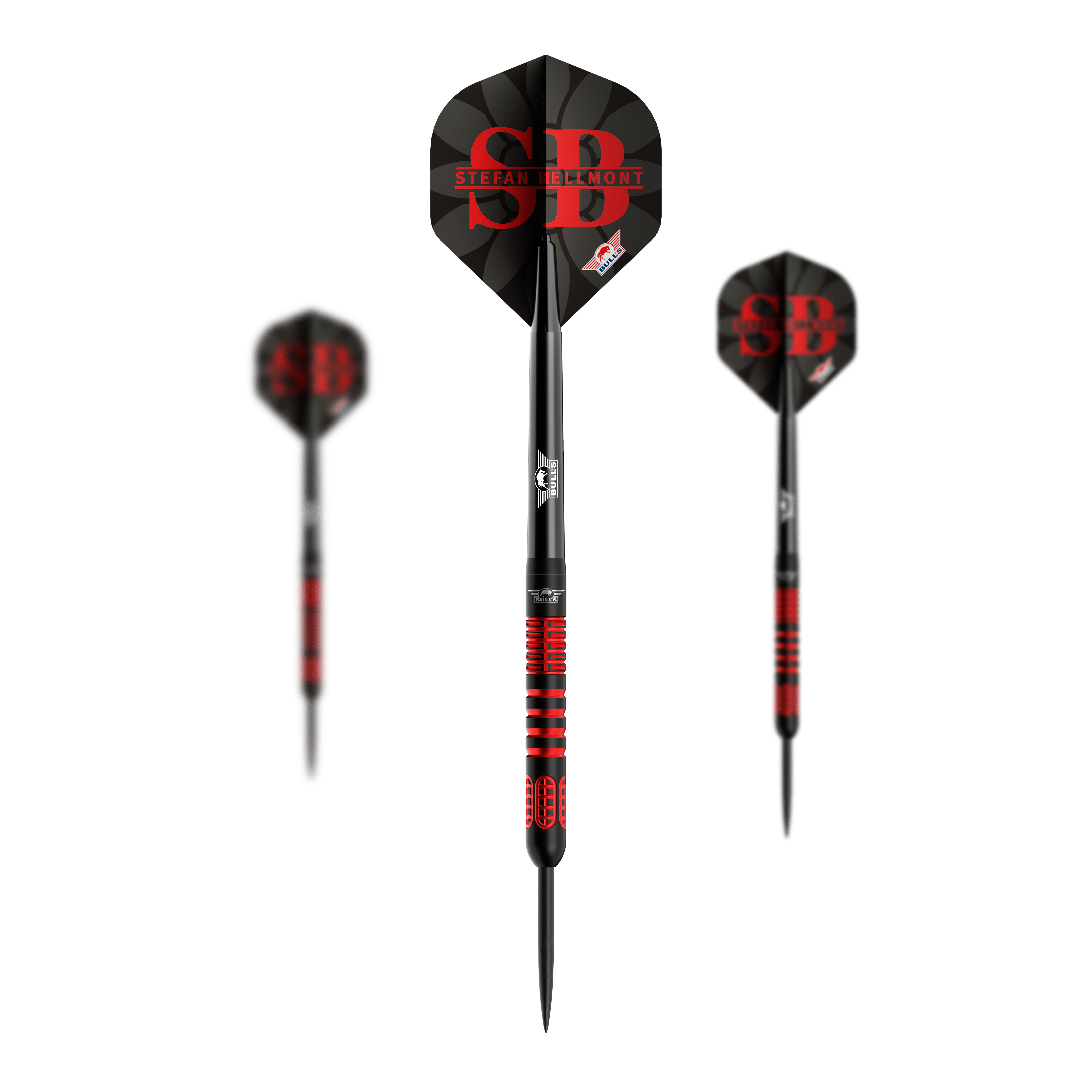 Ein Satz Bulls NL Stefan Bellmont 90 Steeldarts mit 23 Gramm ist abgebildet. Die Darts sind speziell für das Steeldartspiel entwickelt.