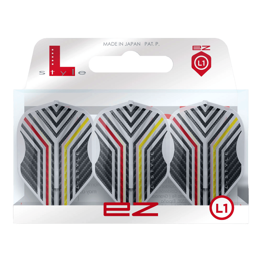 Vols L-Style Arno Merk V1 Blanc Transparent L1EZ L-Style Arno Merk V1 Clear White L1EZ Flights werden als Set mit transparentem Design gezeigt. Die spezielle Form und Farbe sind erkennbar.