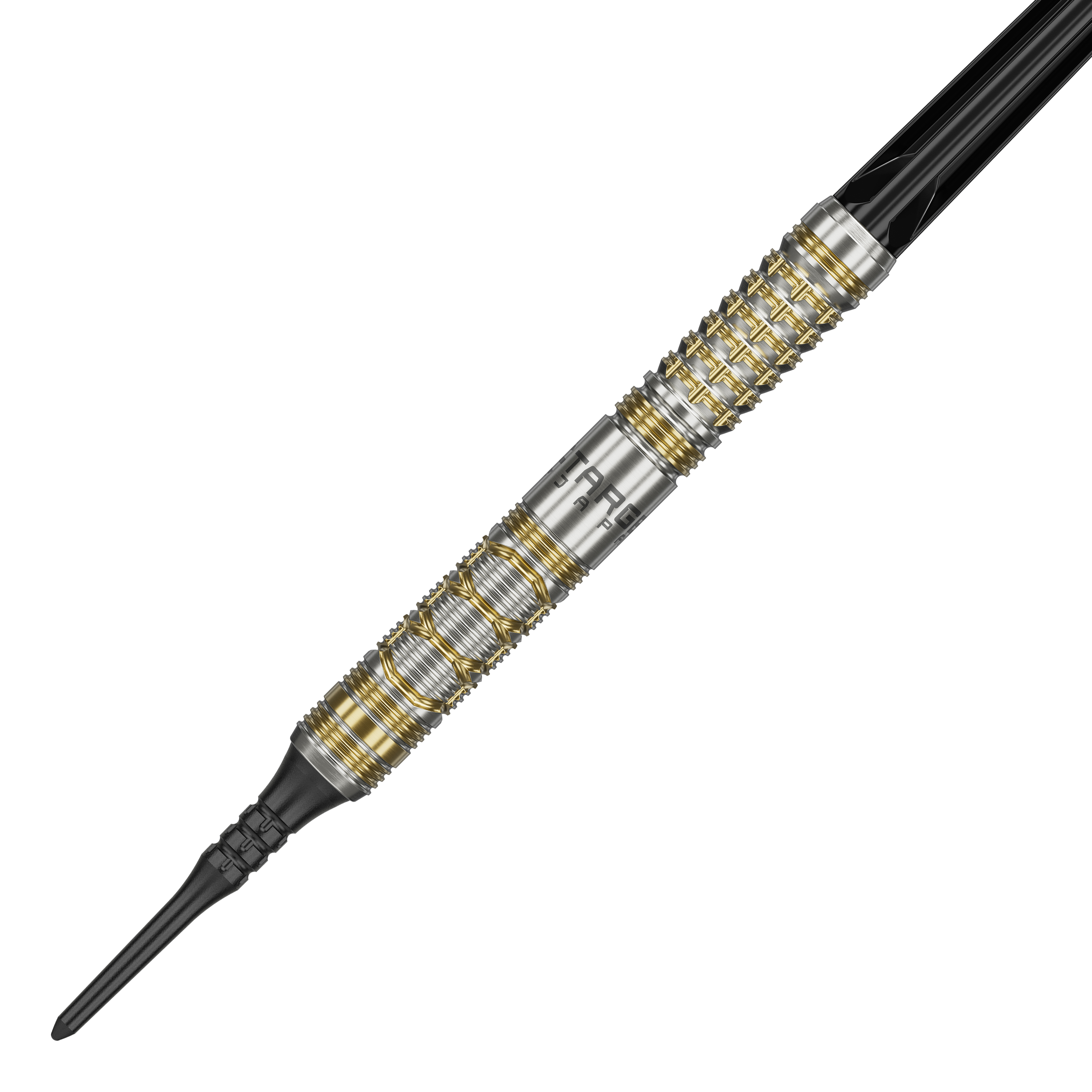 Fléchettes souples Target Japan Black Marque Reyn GEN2 - 17,5 g Das Bild zeigt den Softdart "Target Japan Black Marque Reyn GEN2" mit einem Gewicht von 17,5 g. Der Dartpfeil hat ein silbernes Design mit goldenen Akzenten und einer schwarzen Spitze.