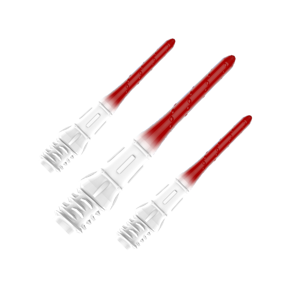 Embouts de lèvres dégradés L-Style Premium (paquet de 30) Das Bild zeigt drei hochwertige Dartspitzen mit einem Farbverlauf von Weiß zu Rot. Die Spitzen sind ordentlich nebeneinander angeordnet und haben eine glänzende Oberfläche.