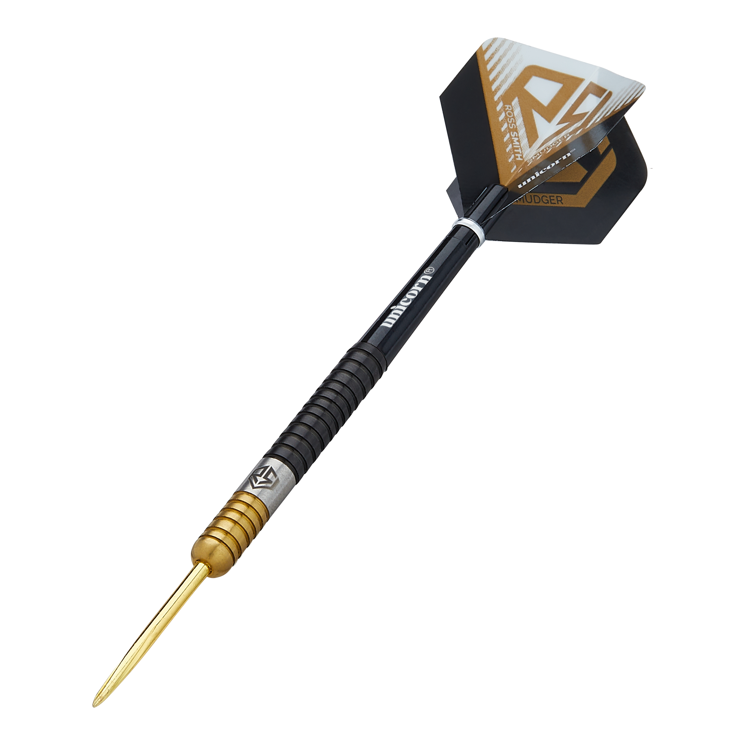 Fléchettes en acier bicolore Unicorn Ross Smith Dies ist ein Steeldart namens "Unicorn Ross Smith Two-Tone Steeldarts". Er hat eine goldene Spitze, einen zweifarbigen Griff und schwarze Flights mit gold-weißen Akzenten.