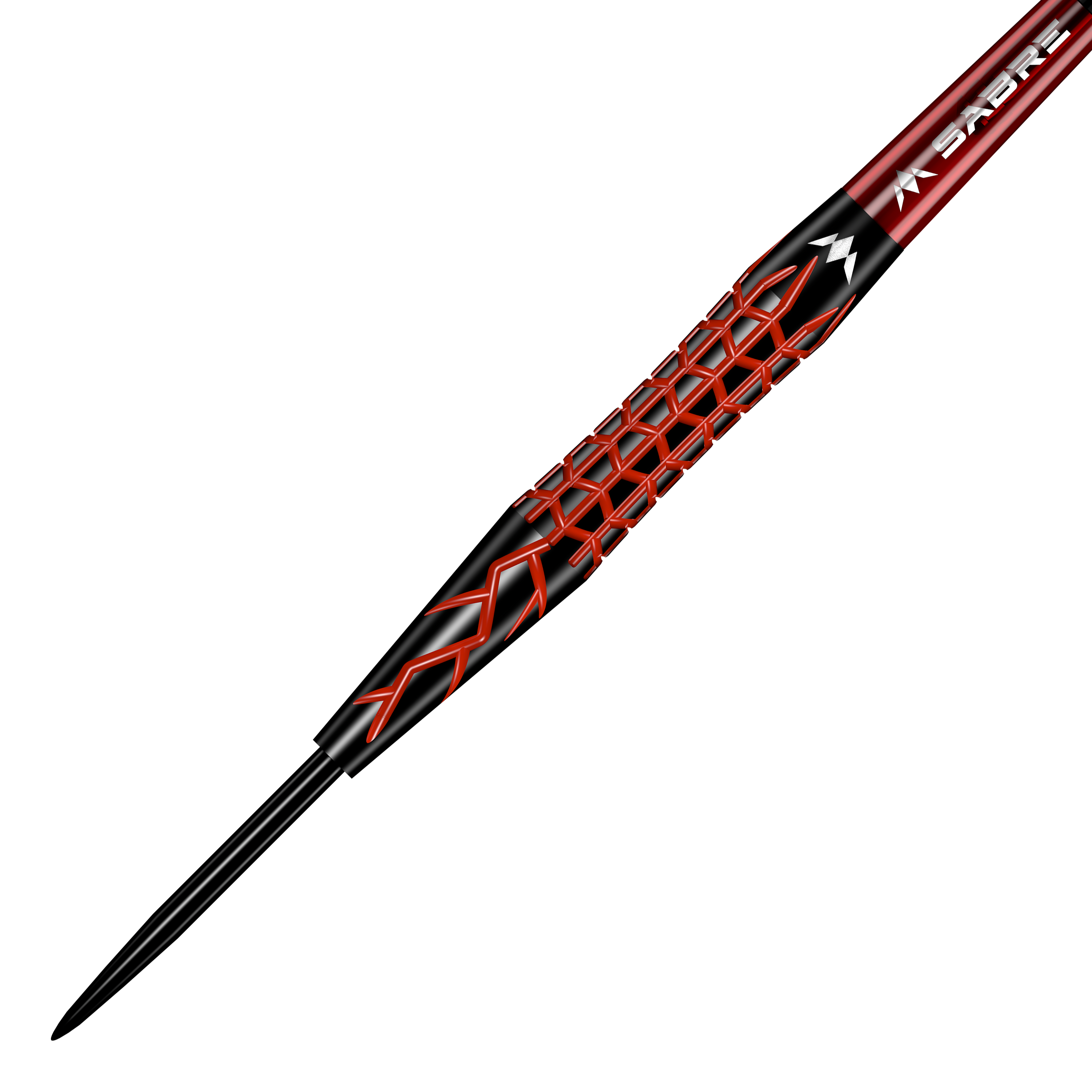 Fléchettes en acier Mission Lava Das Bild zeigt einen Mission Lava Steeldart. Der Dart hat ein auffälliges schwarzes und rotes Design mit einem rautenförmigen Muster auf dem Griff.