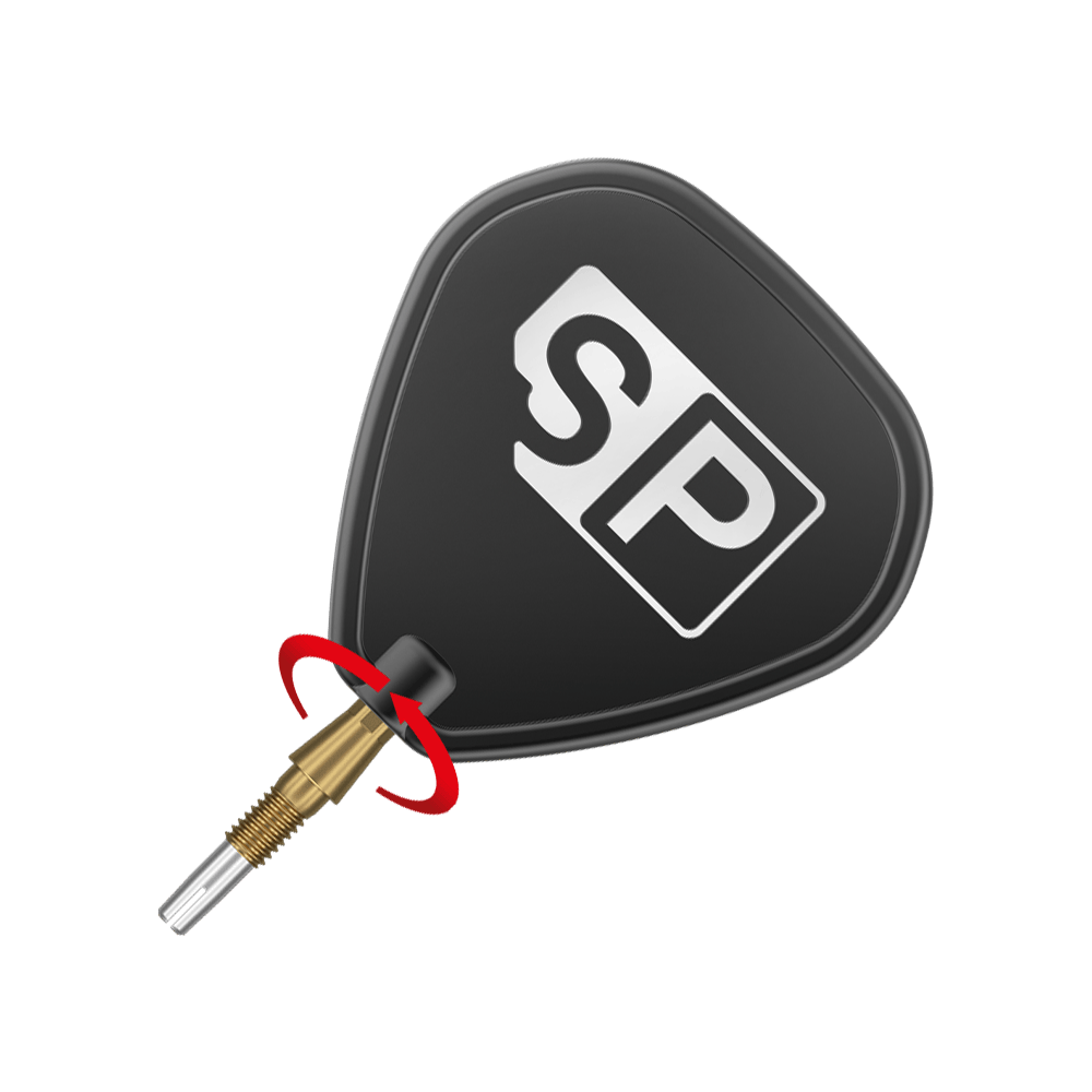 Das Bild zeigt eine goldene Dartspitze des Produkts "Target Swiss Storm Onyx Point Dartspitzen". Ein schwarzes Dartflügel mit der Aufschrift "SP" ist ebenfalls zu sehen.