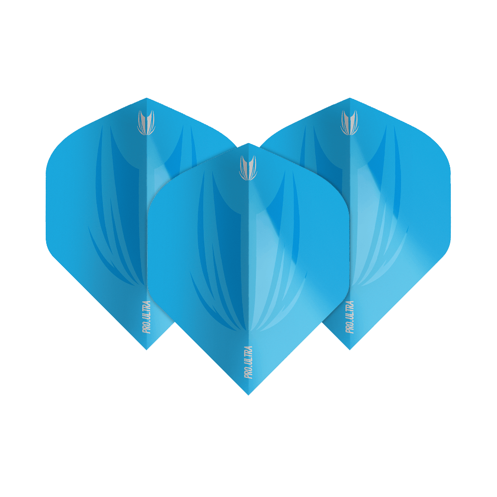 Das Bild zeigt drei blaue Target ProUltra ID No2 Standard Flights. Sie haben ein modernes Design mit einem hellen und dunkleren Blauton sowie weißem Logo und Schriftzug.