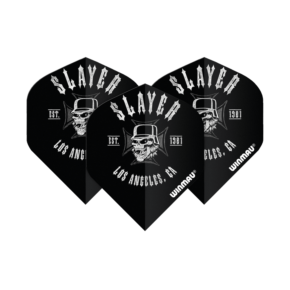 6905-222_Winmau_Rockstar_Legends_Slayer_LA_Standard_Flights_1sIapimbDef1fB Das Bild zeigt drei schwarze Darts-Flights mit dem Aufdruck "SLAYER" und einem Totenkopf mit Zylinder. Darunter stehen die Schriftzüge "LOS ANGELES, CA", "EST. 1981" und "Winmau".