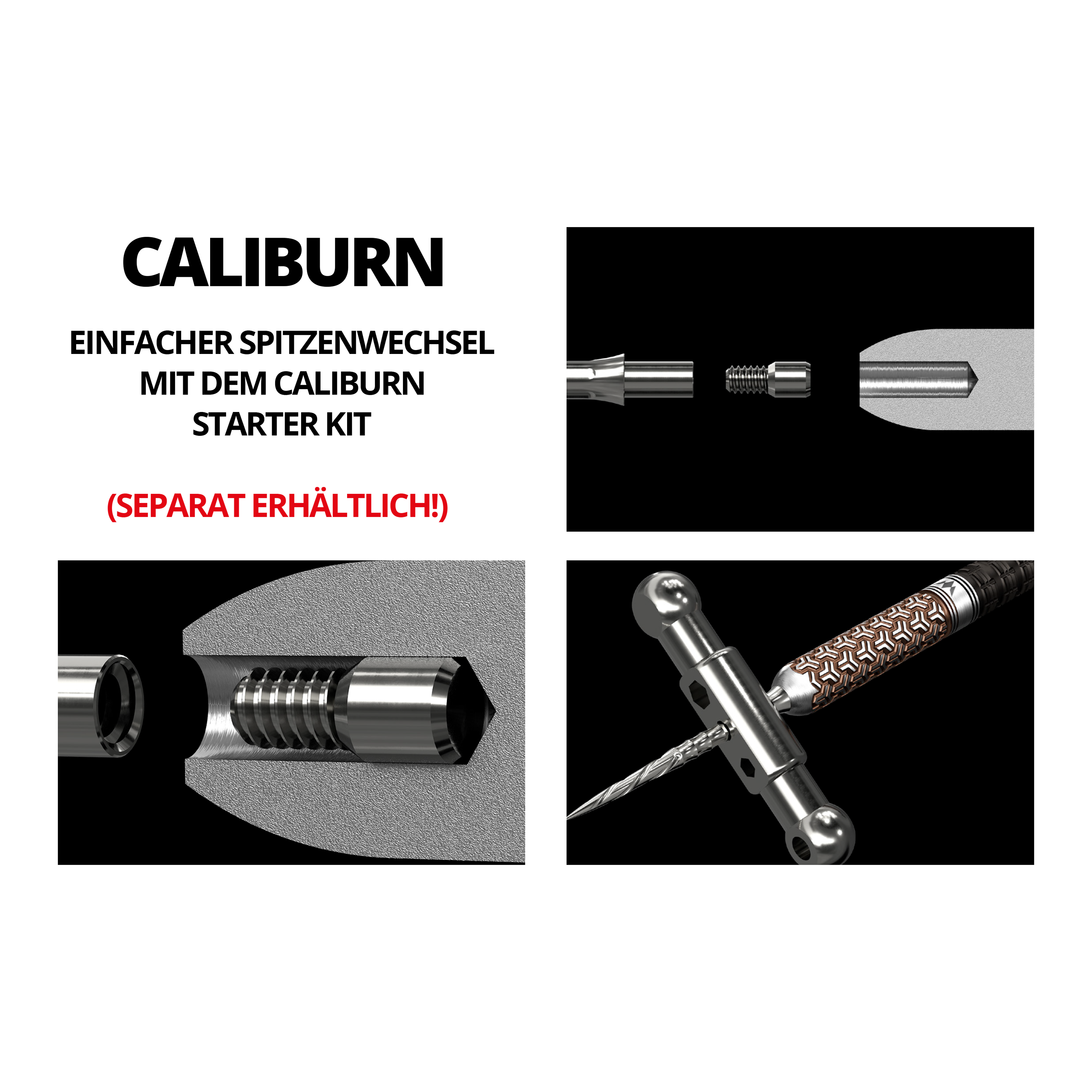 Embouts de fléchettes Mission Caliburn EVO - Ripple - Noir Das Bild zeigt verschiedene technische Zeichnungen und Details eines Dartspitzen-Systems. In roter Schrift steht der Hinweis „(SEPARAT ERHÄLTLICH!)“.