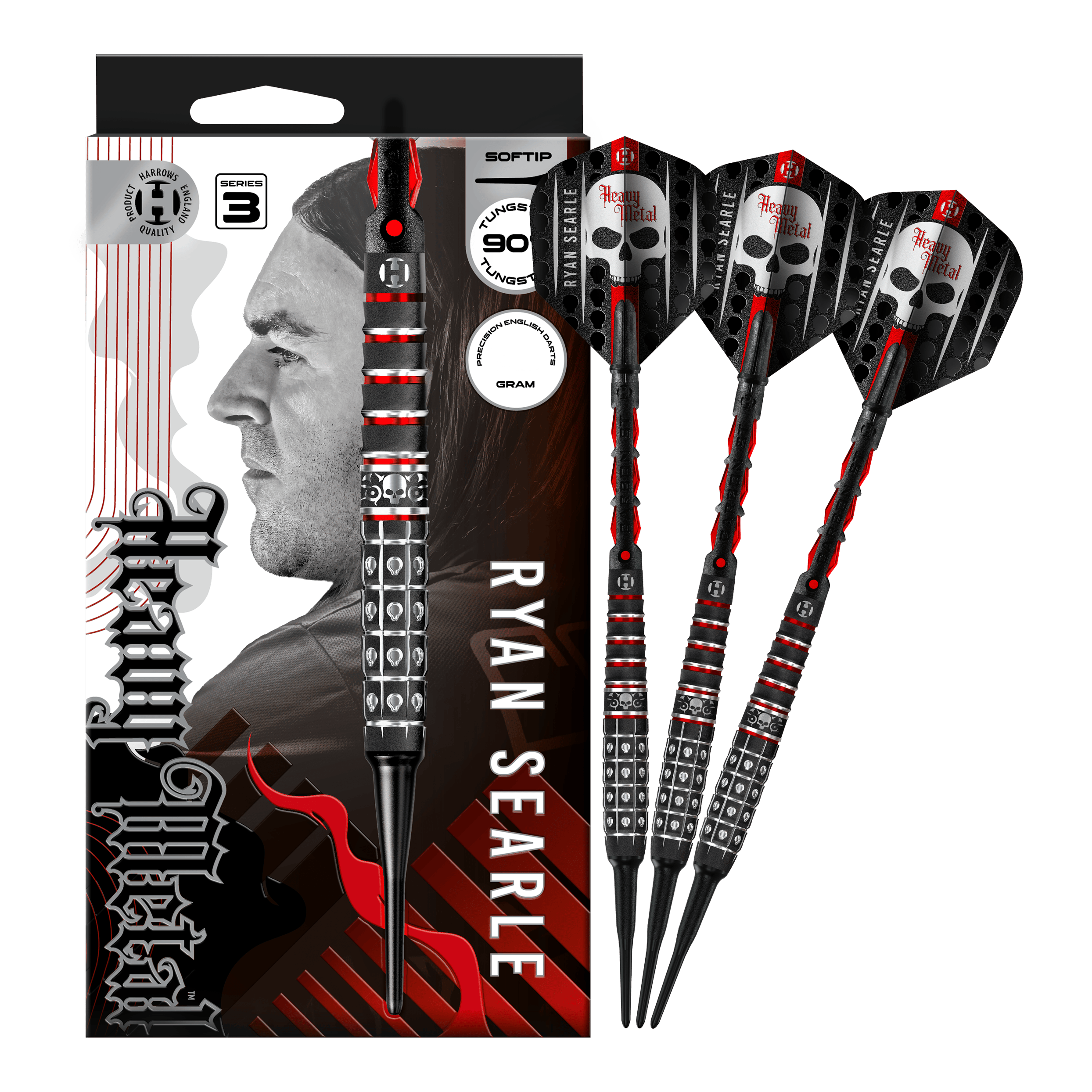 Fléchettes souples Ryan Searle Series 3 de Harrow Das Foto zeigt Harrows Ryan Searle Series 3 Softdarts in voller Ansicht. Der Artikel ist für Softdart-Spiele gedacht.