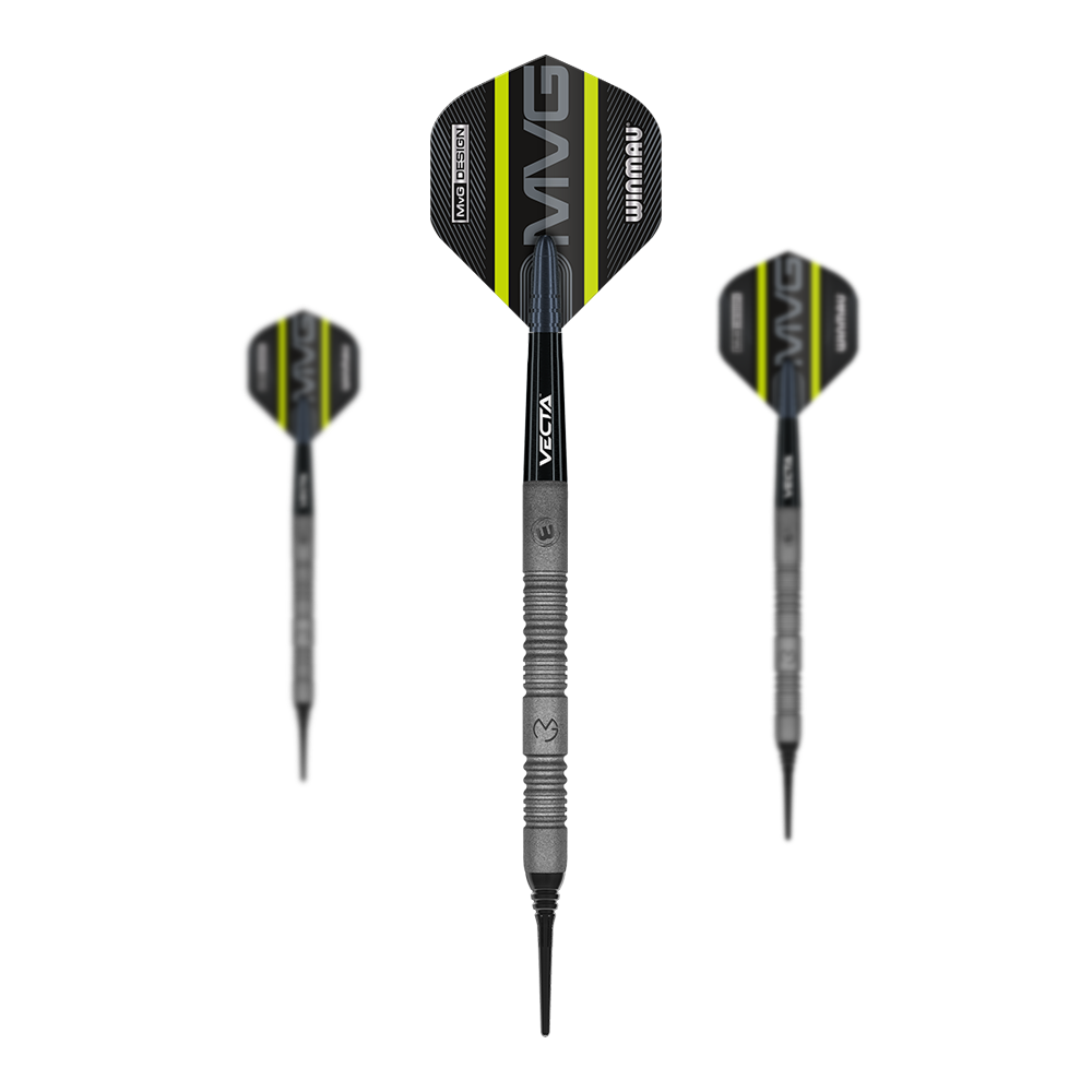 Winmau Michael Van Gerwen Exact Softdarts Das Bild zeigt drei Winmau Michael Van Gerwen Exact Softdarts. Die Darts haben schwarze Flights mit gelben und weißen Akzenten sowie einem silbernen, geriffelten Schaft.