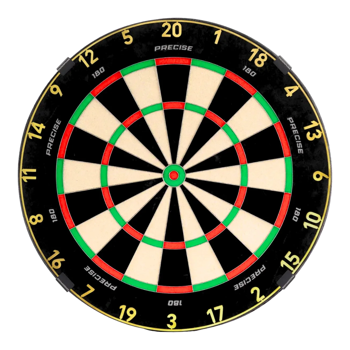 Auf dem Bild ist das Precise 180 Endorphine Steeldartboard mit Nummernring in Gold dargestellt. Die Scheibe bietet einen edlen Look mit goldenem Zahlenring.