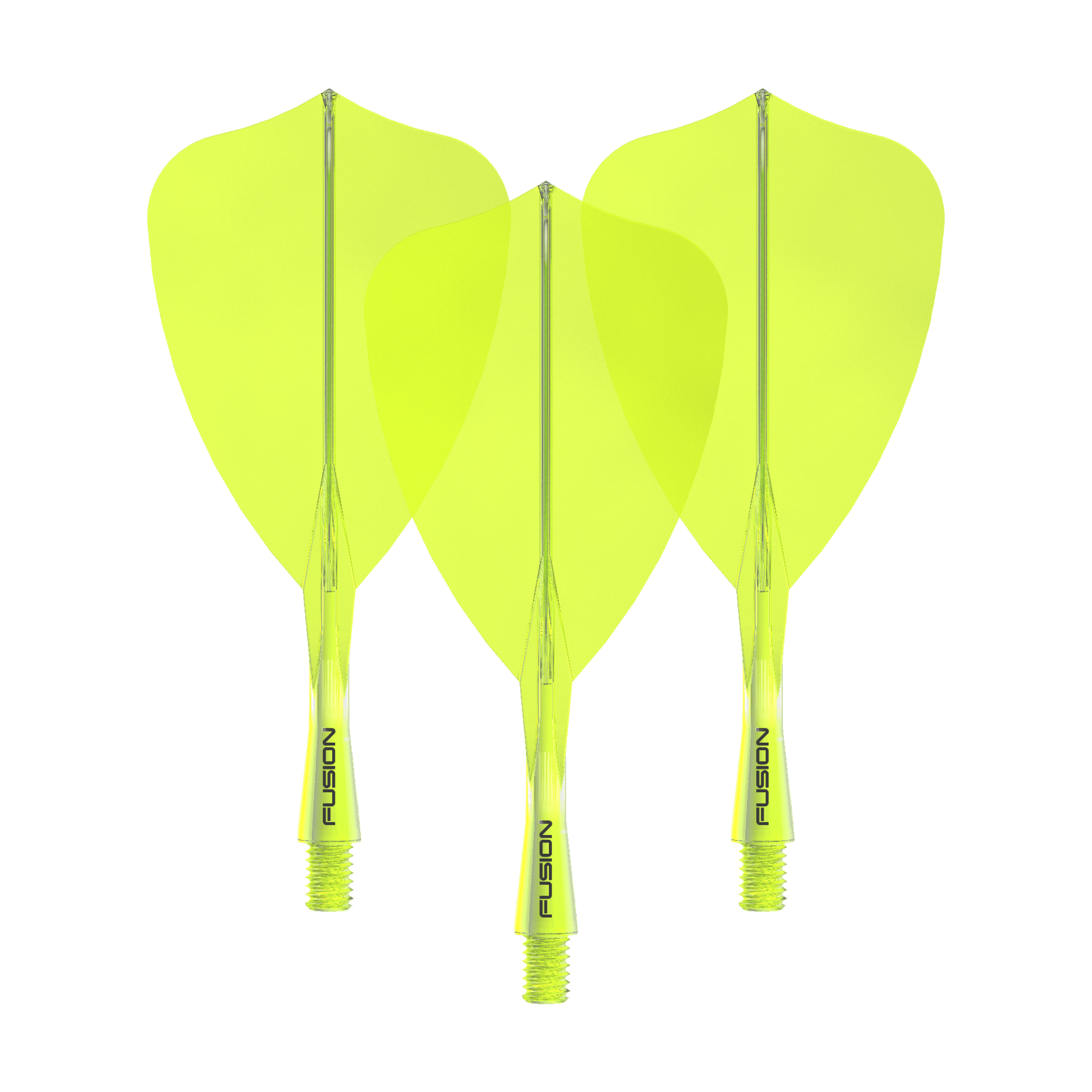Système de vol Winmau Fusion Arrow Jaune fluo Das Winmau Fusion Flight Shaft System Arrow Neon Yellow 22mm Set ist auf dem Bild zu sehen. Es besteht aus gelben Dart-Flights und -Schäften.