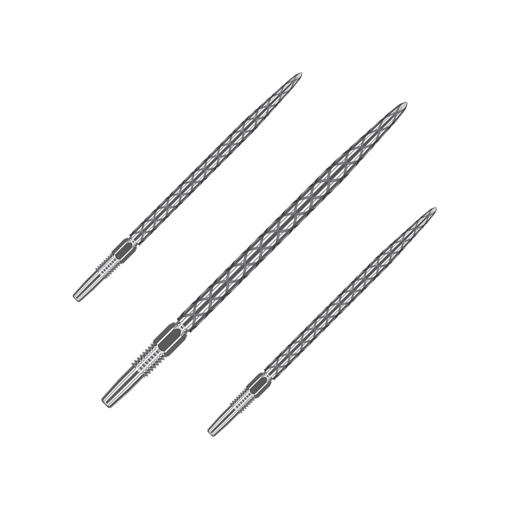 Pointes de fléchettes Target Swiss Diamond Pro Silver Points Auf dem Bild sind drei silberne Dartspitzen mit einem rautenförmigen Muster zu sehen. Sie sind nebeneinander angeordnet und haben eine Länge von 40 mm.