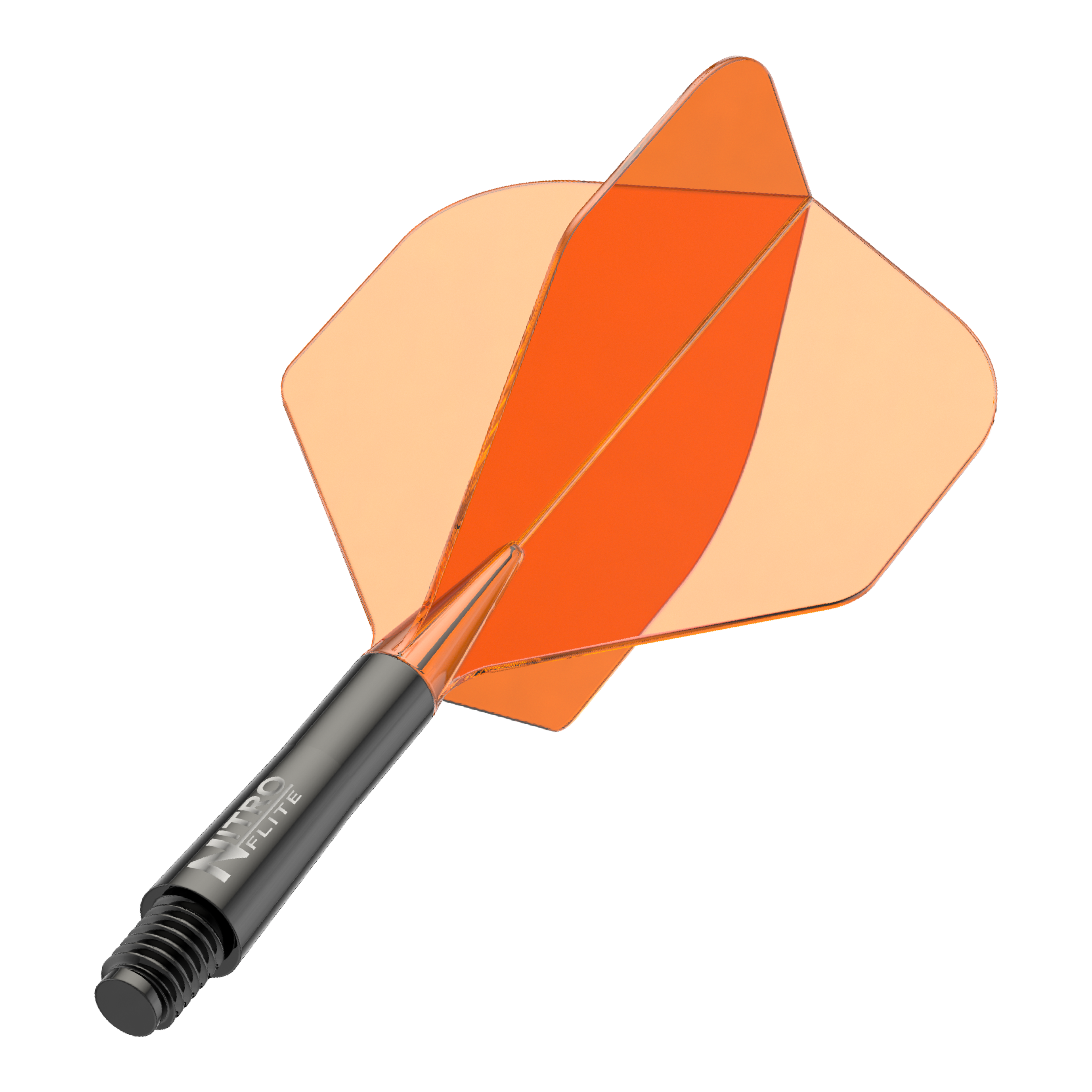 Red Dragon Nitroflite, tige noire, ailettes orange n° 2 Auf dem Bild ist ein schwarzer Dartschaft mit orangefarbenen Flights zu sehen. Es handelt sich um ein Zubehör für Dartpfeile.