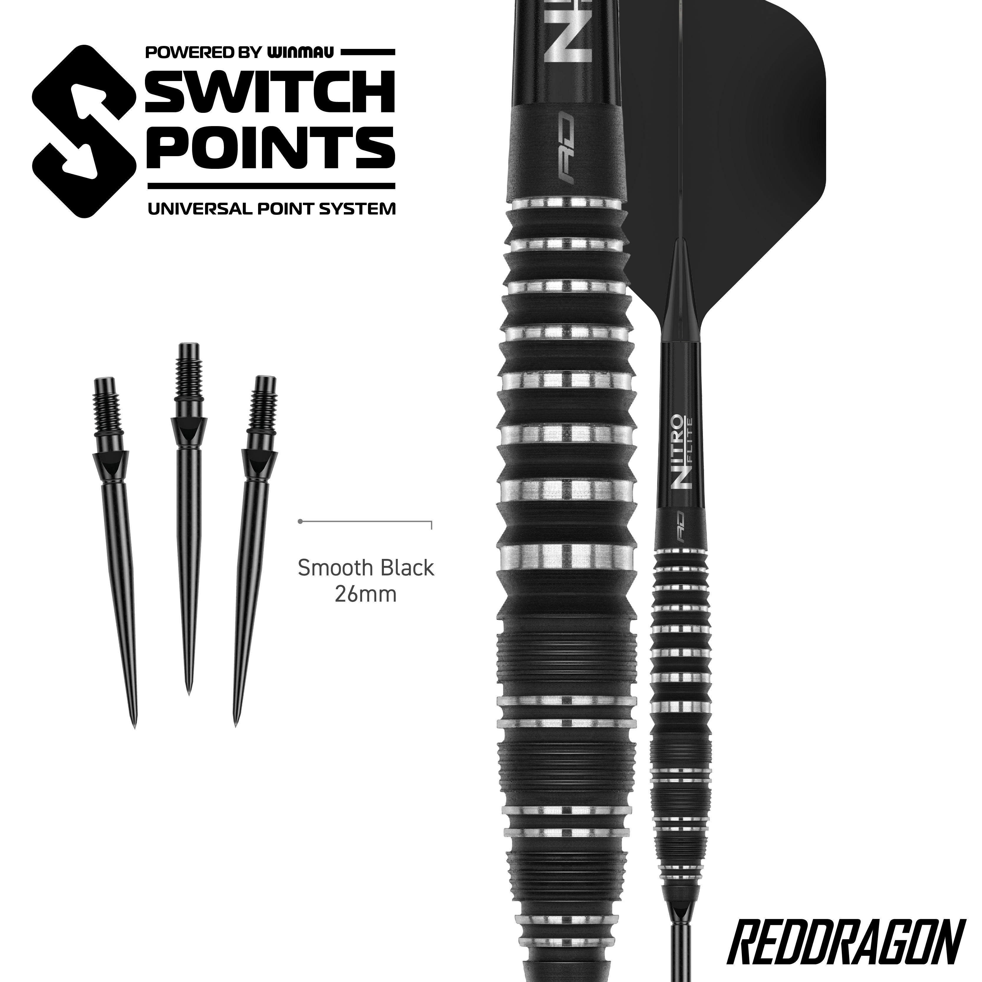 Zu sehen sind die Red Dragon Sable Bomb Switch Point Steeldarts. Die Darts sind robust und für präzises Spiel konzipiert.