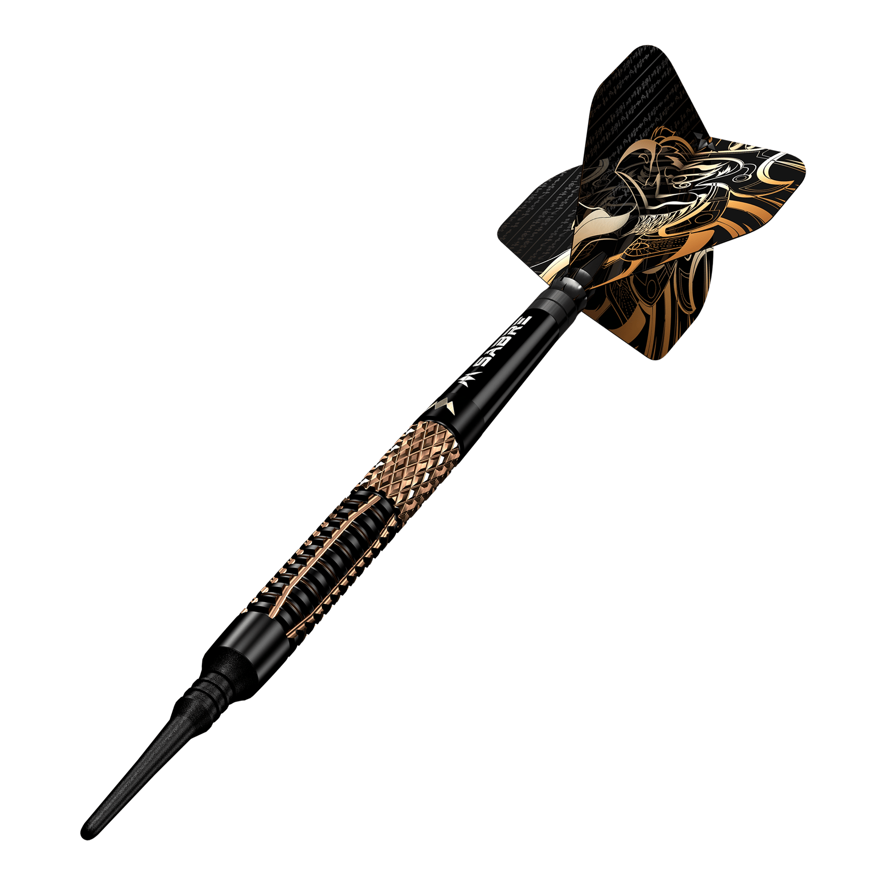 Fléchettes souples Mission Horus - 19 g Das Bild zeigt einen Mission Horus Softdart mit einem Gewicht von 19 Gramm. Der Dart hat ein auffälliges schwarzes und goldenes Design.