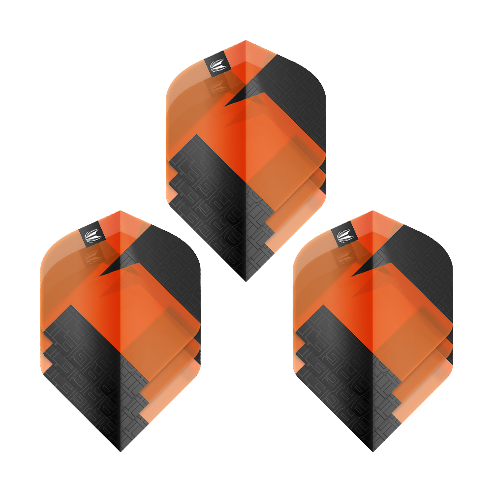 Ailettes standard Target Pro Ultra TAG Orange n° 2 - 3 jeux Das Bild zeigt drei Sets der Target Pro Ultra TAG Orange No2 Standard Flights. Die Flights sind in den Farben Orange und Schwarz gestaltet und haben ein geometrisches Muster.