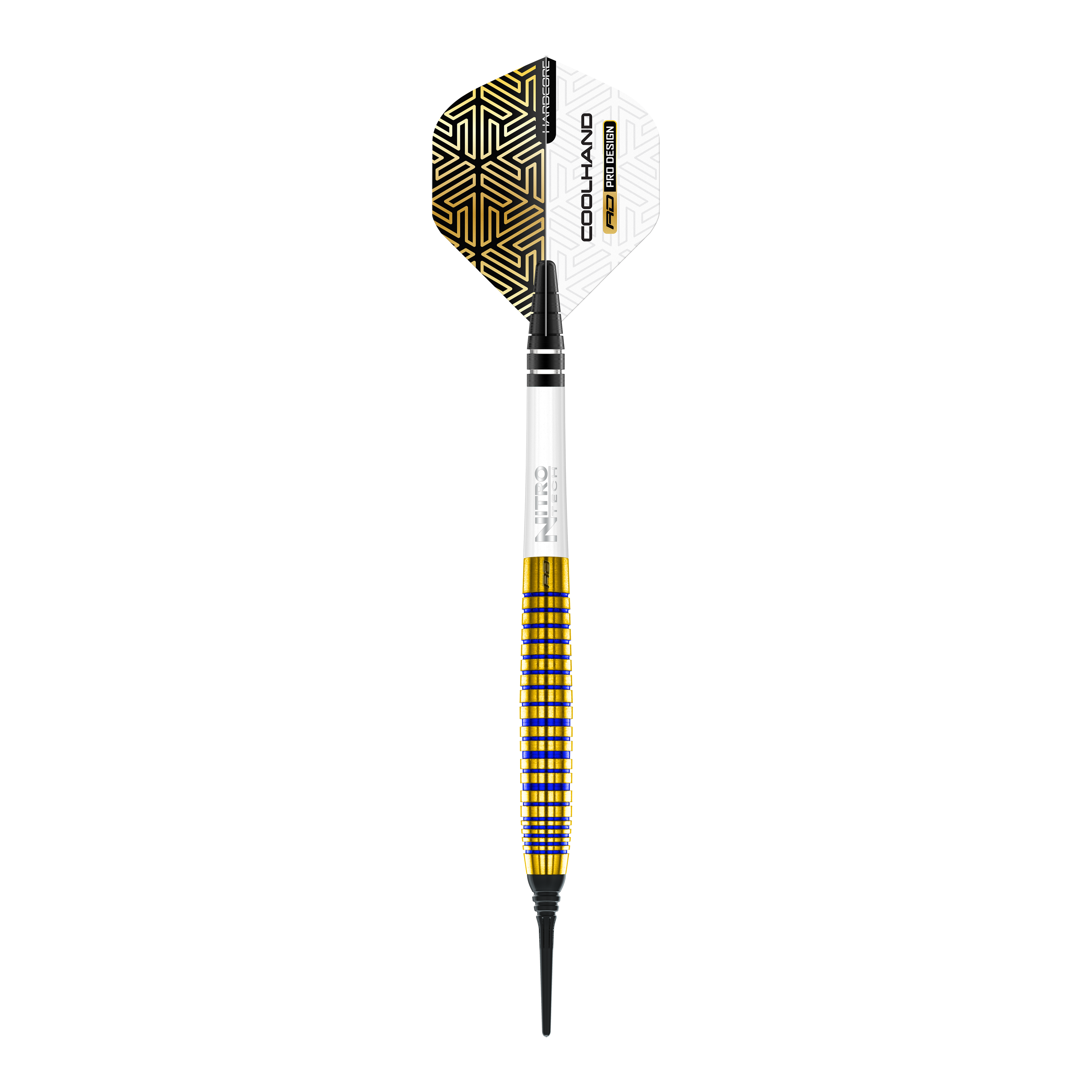 Fléchettes souples Red Dragon Luke Humphries TX3 Gold SE - 20 g Das Bild zeigt einen Red Dragon Luke Humphries TX3 Gold SE Softdart mit einem Gewicht von 20g. Der Dart hat ein auffälliges Design mit goldenen und schwarzen Akzenten und einer weißen Flight.