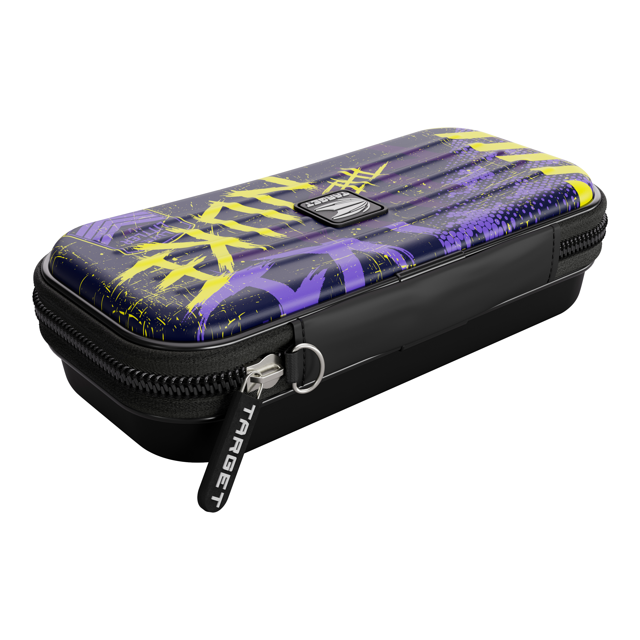 Étui à fléchettes Target Takoma Luke Littler Das Bild zeigt das "Target Takoma Luke Littler Dartcase" mit einem auffälligen Design in Lila, Gelb und Schwarz. Das Etui hat einen Reißverschluss und das Target-Logo ist gut sichtbar.