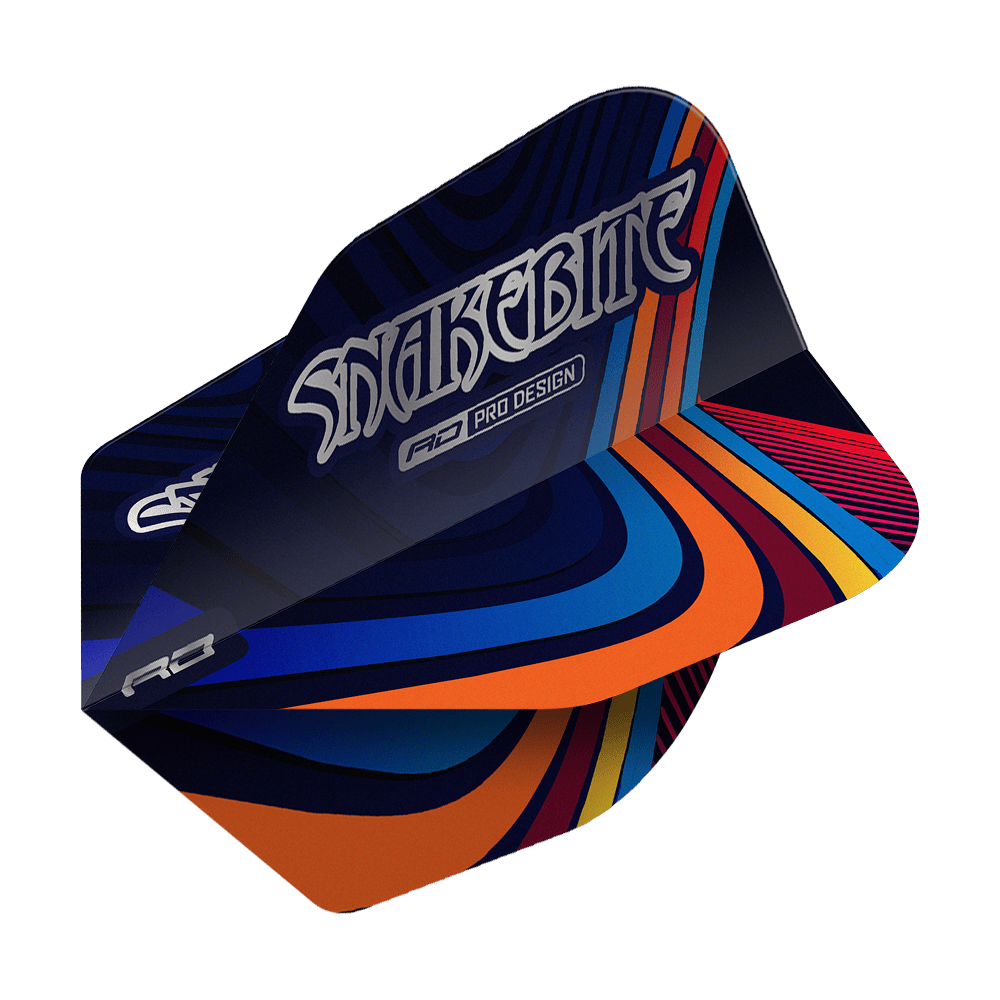 Ailettes Red Dragon Peter Wright Snakebite Multi Swirl No6 Das Bild zeigt ein Dartflight mit dem Namen "Red Dragon Peter Wright Snakebite Multi Swirl No6 Flights". Das Flight-Design ist bunt mit geschwungenen Linien in Blau, Orange, Rot und Gelb, und trägt die Aufschrift "Snakebite".