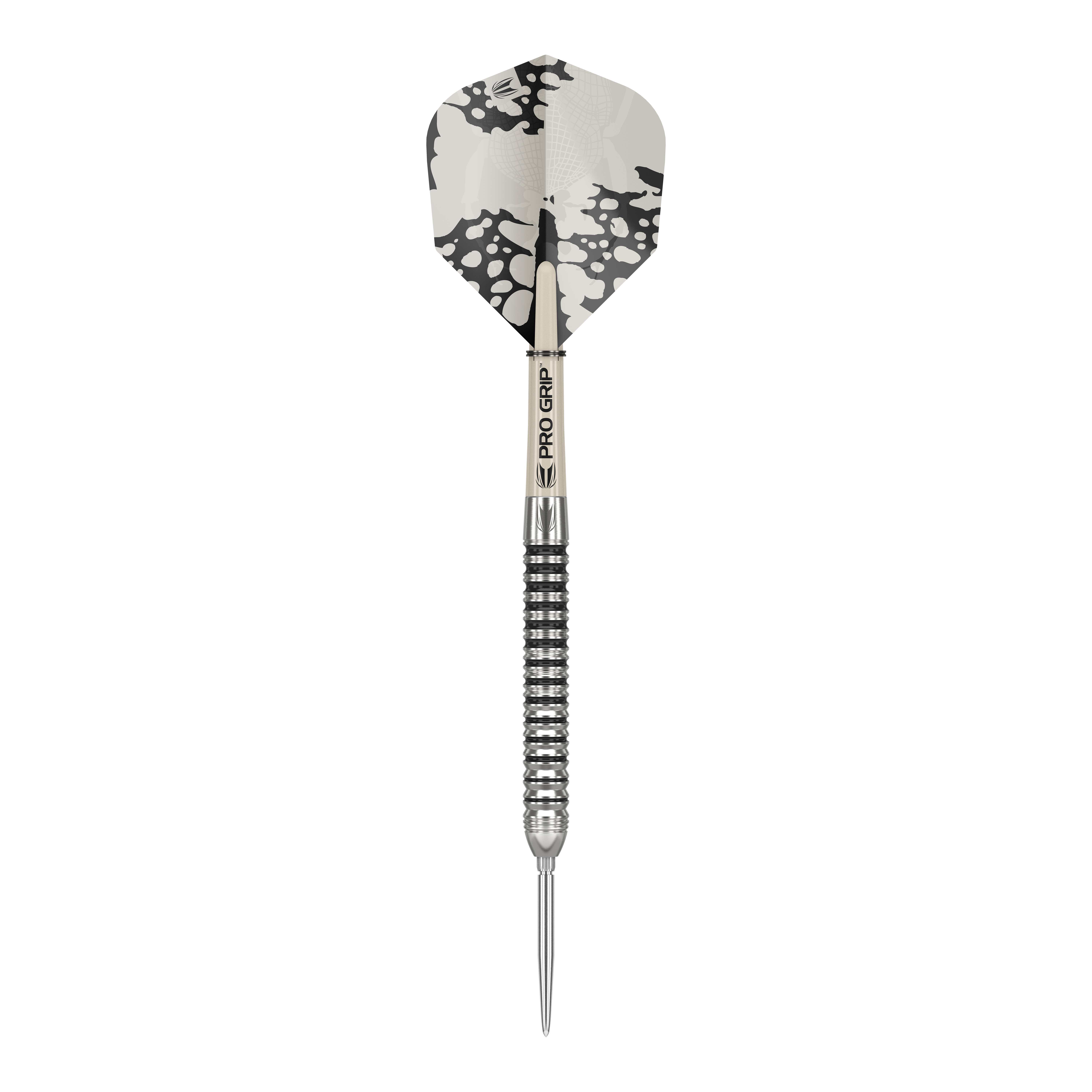 Fléchettes en acier Target EXO SP01 Swiss Point Das Bild zeigt einen Target EXO SP01 Swiss Point Steeldart. Der Dartpfeil hat ein schwarz-silbernes Design mit einer auffälligen schwarz-weißen Flight.