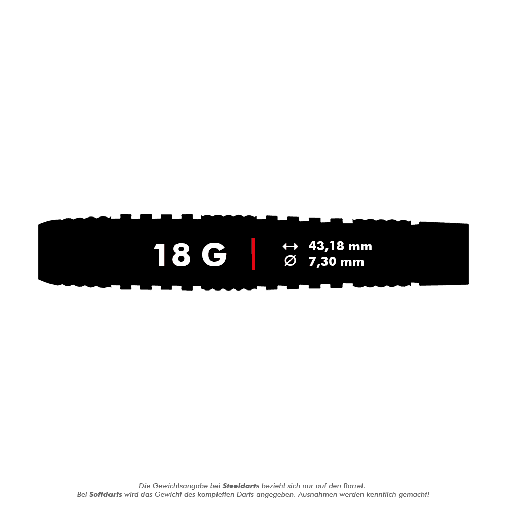 RD2563_Red_Dragon_Luke_Humphries_TX2_Atomised_Softdarts_5_18g Das Bild zeigt die Maße und das Gewicht des Produkts "Red Dragon Luke Humphries TX2 Atomised Softdarts - 18g". Der Dart wiegt 18 Gramm, ist 43,18 mm lang und hat einen Durchmesser von 7,30 mm.