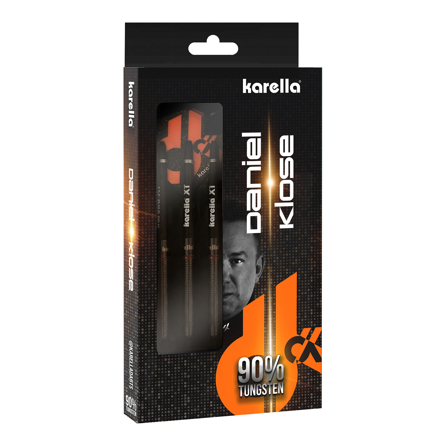 Karella Daniel Klose fléchettes souples Auf dem Bild ist die Verpackung der „Karella Daniel Klose Softdarts“ zu sehen. Die Darts bestehen zu 90 % aus Tungsten und werden in einer schwarzen, auffällig gestalteten Box präsentiert.