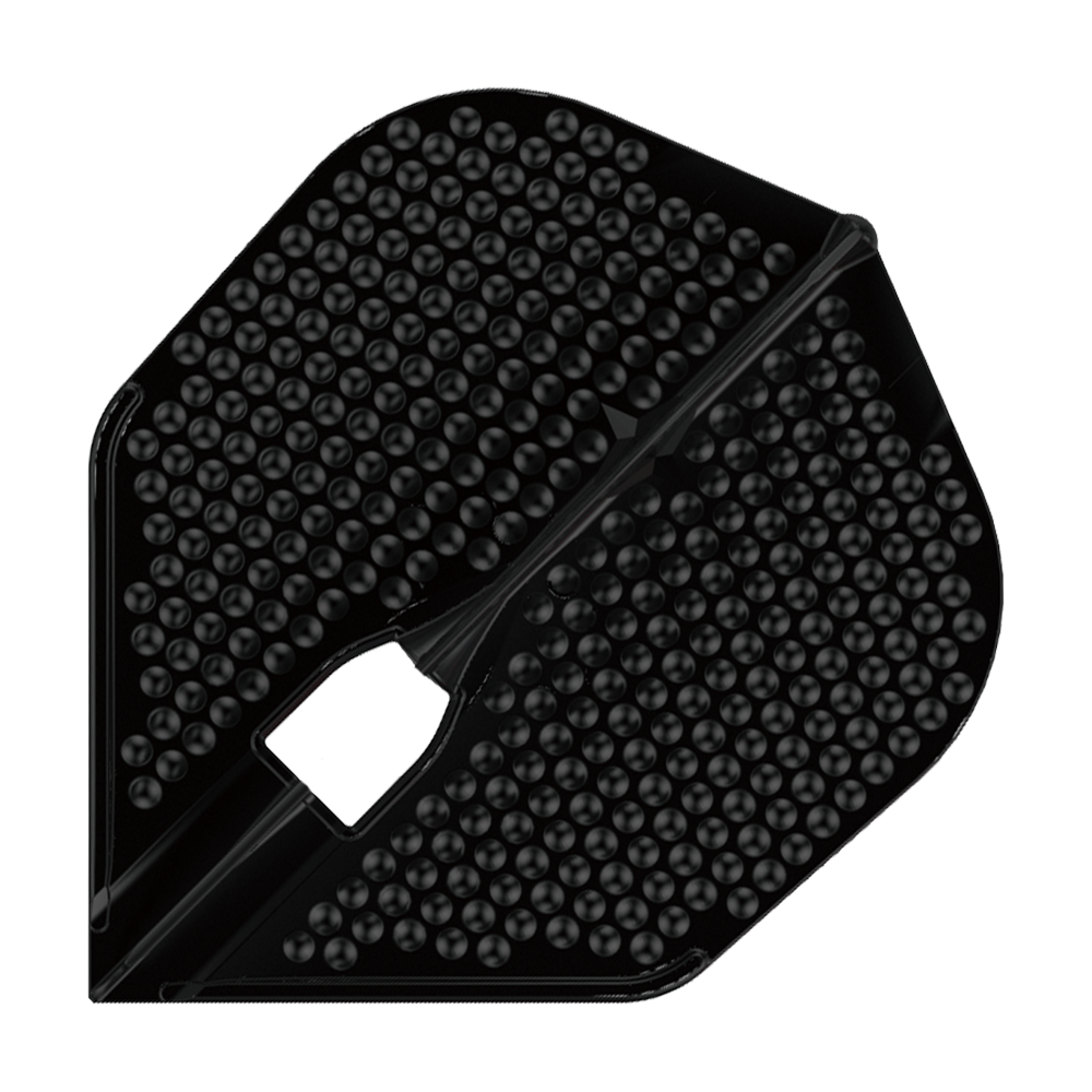 Vols de style L Dimple Champagne Forme L3PRO Das Bild zeigt ein schwarzes Dart-Flight mit Noppenstruktur. Es handelt sich um das Modell "L-Style Flights Dimple Champagne L3PRO Shape".