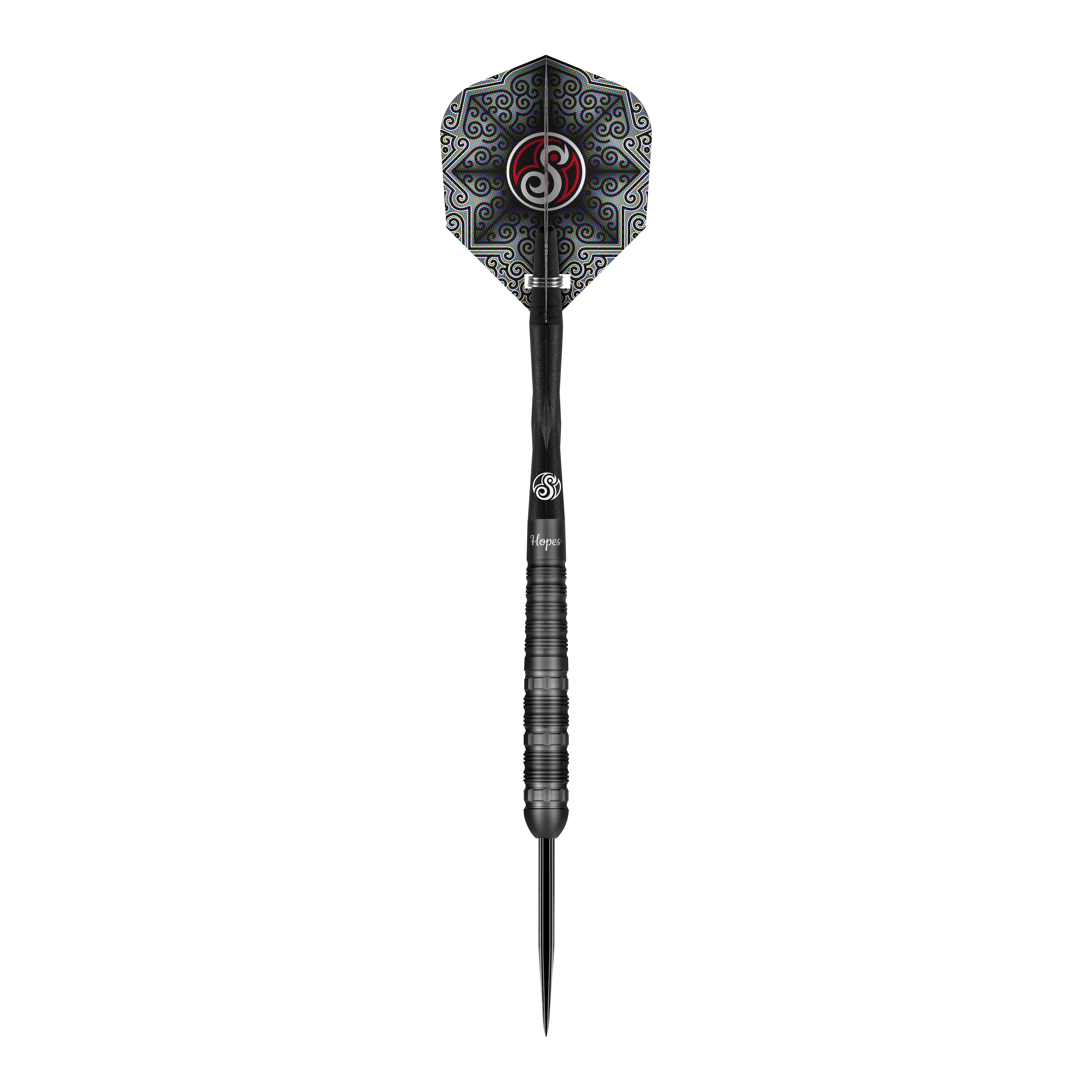 Fléchettes en acier Shot Pro-Series Haupai Puha 2 - 24 g Das Bild zeigt einen Shot Pro-Series Haupai Puha 2 Steeldart mit einem Gewicht von 24g. Der Dart ist schwarz und hat ein auffälliges, gemustertes Flight-Design.