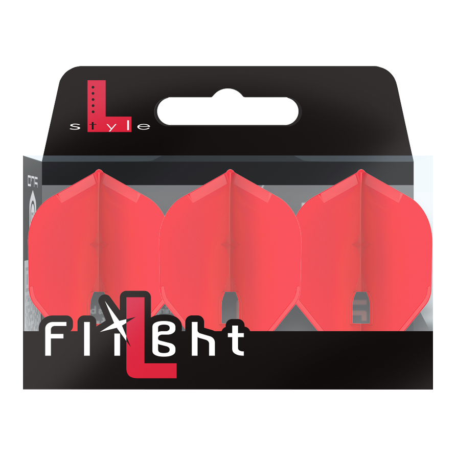 Auf dem Bild ist eine Verpackung mit drei roten Dartflights zu sehen. Die Marke „L-Style“ und der Schriftzug „Flight“ stehen auf der Vorderseite der Packung.