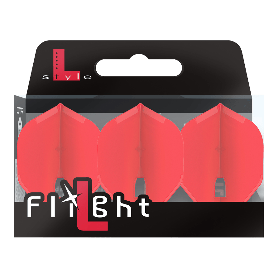 Ailettes L-Style Champagne - Norme L1PRO Auf dem Bild ist eine Verpackung mit drei roten Dartflights zu sehen. Die Marke „L-Style“ und der Schriftzug „Flight“ stehen auf der Vorderseite der Packung.