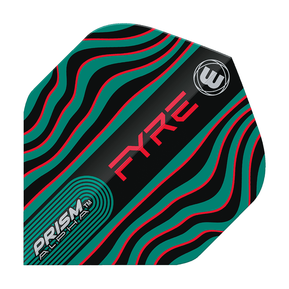 Dieses Bild zeigt das Produkt "Winmau Prism Alpha Fyre BlackTurquoiseRed Standard Flights". Das Flight-Design ist schwarz mit wellenförmigen türkisfarbenen und roten Linien sowie auffälligen Schriftzügen.
