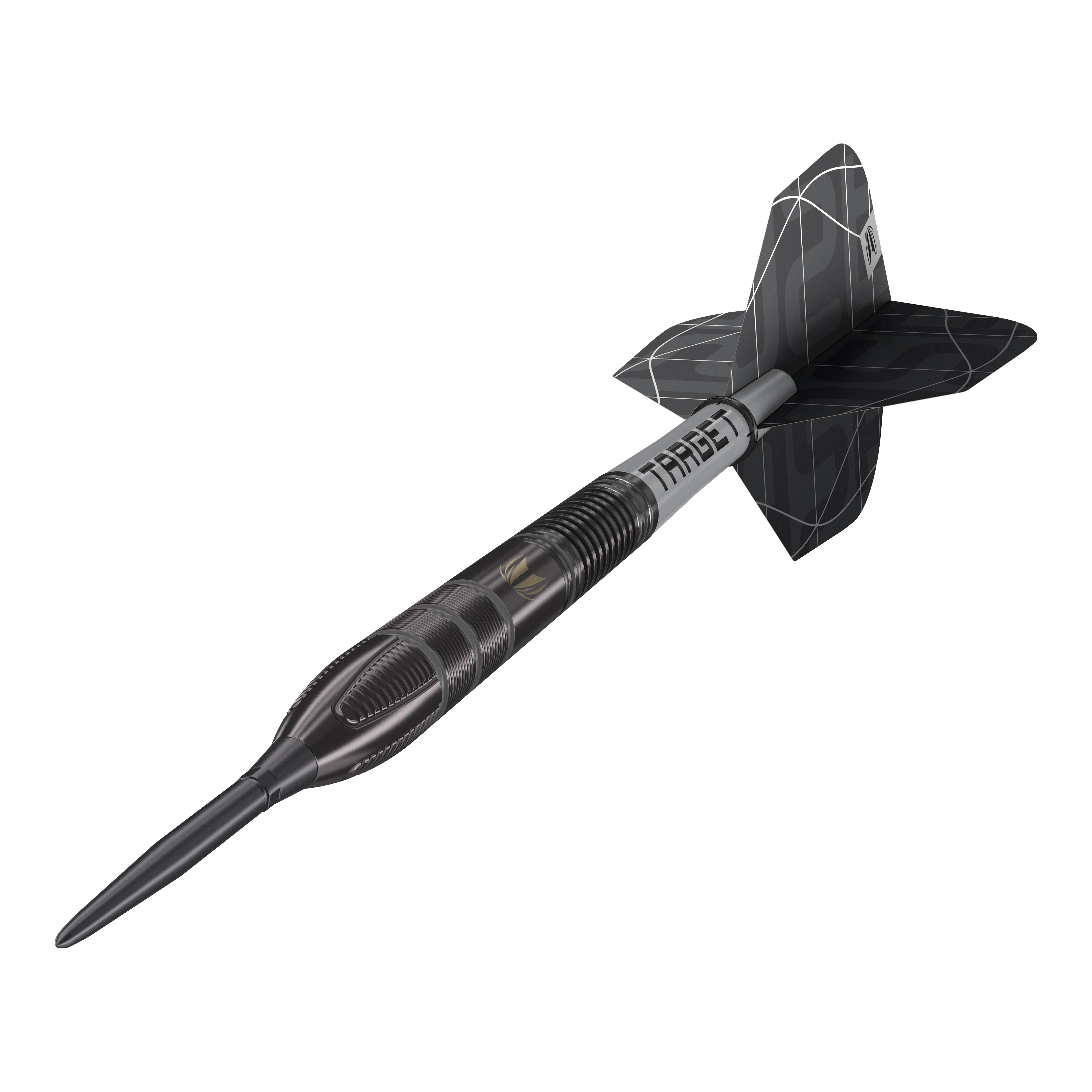 Fléchettes en acier Target Nathan Aspinall X Echo Swiss Point Das Bild zeigt einen Target Nathan Aspinall X Echo Swiss Point Steeldart. Der Dartpfeil ist schwarz-silbern und hat ein modernes, auffälliges Design.