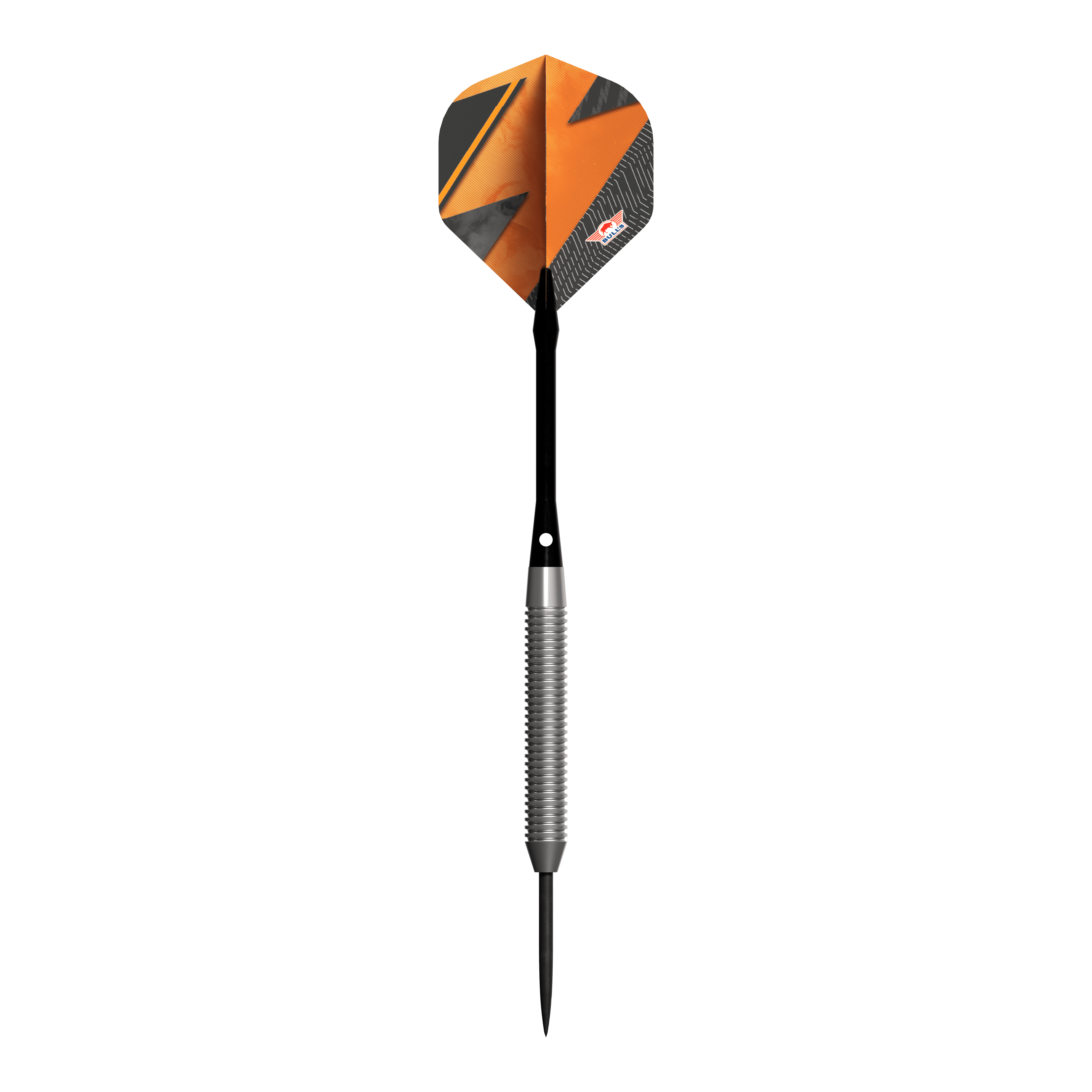 Fléchettes en acier orange Bulls NL Lightning Das Bild zeigt den Steeldart "Bulls NL Lightning Orange" mit einer auffälligen orangenen und schwarzen Flight. Der Schaft ist silberfarben und geriffelt, während die Dartspitze schwarz ist.