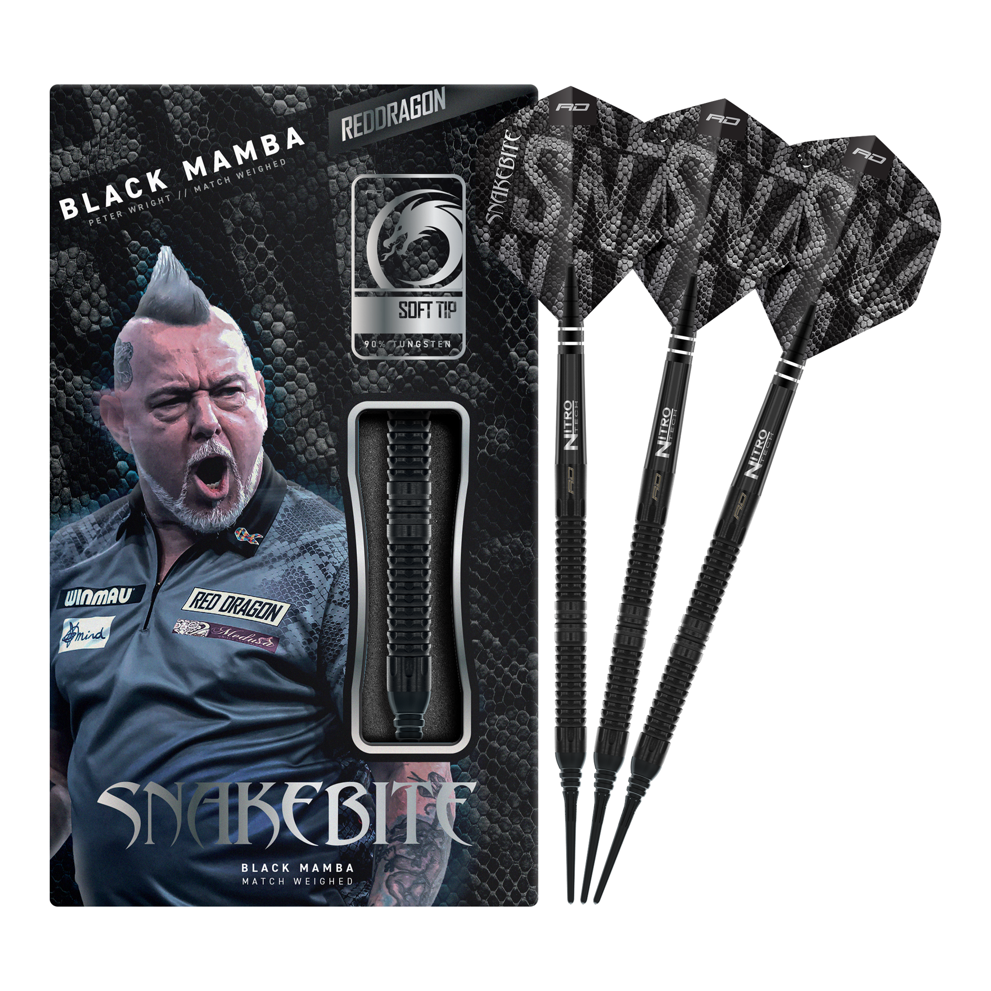Fléchettes souples Red Dragon Peter Wright Snakebite Black Mamba - 20 g Auf dem Bild ist der Red Dragon Peter Wright Snakebite Black Mamba Softdart mit 20g zu sehen. Er überzeugt durch seine professionelle Verarbeitung und sein elegantes Aussehen.