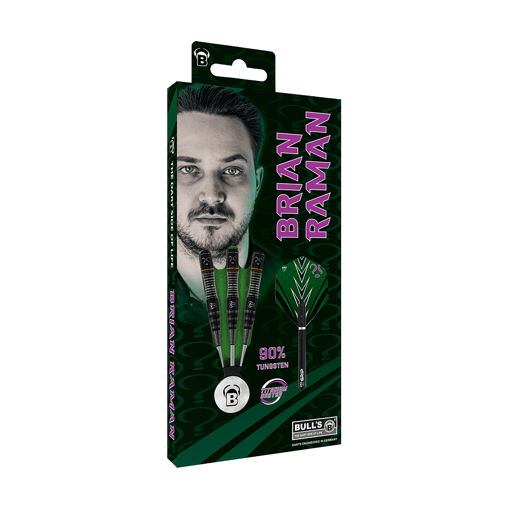Bulls Brian Raman L'Homme-Mystère Steeldarts Auf der Verpackung sind drei Steeldarts und das Porträt eines Mannes abgebildet. Der Name "Brian Raman" steht in großen Buchstaben daneben, und es wird 90% Tungsten hervorgehoben.