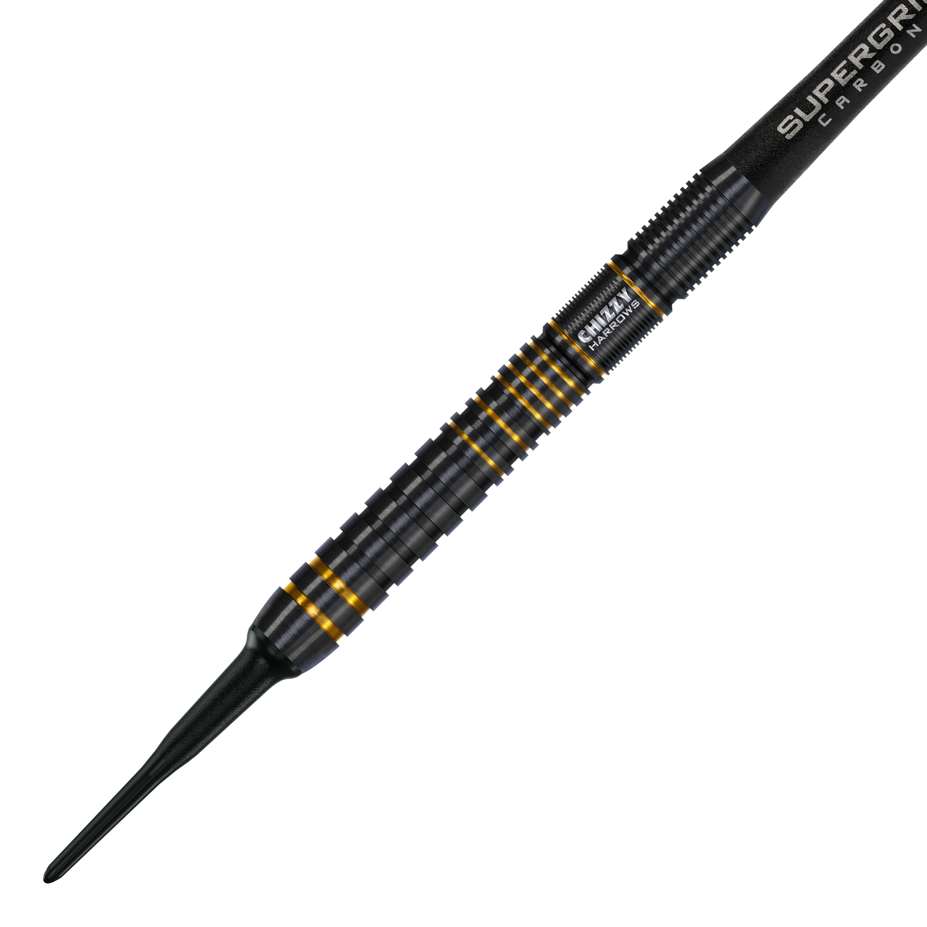Fléchettes souples Dave Chisnall Chizzy Series 3 de Harrow Das Bild zeigt einen Harrows Dave Chisnall Chizzy Series 3 Softdart. Der Dartpfeil ist schwarz mit goldenen Akzenten und hat ein geriffeltes Griffdesign.