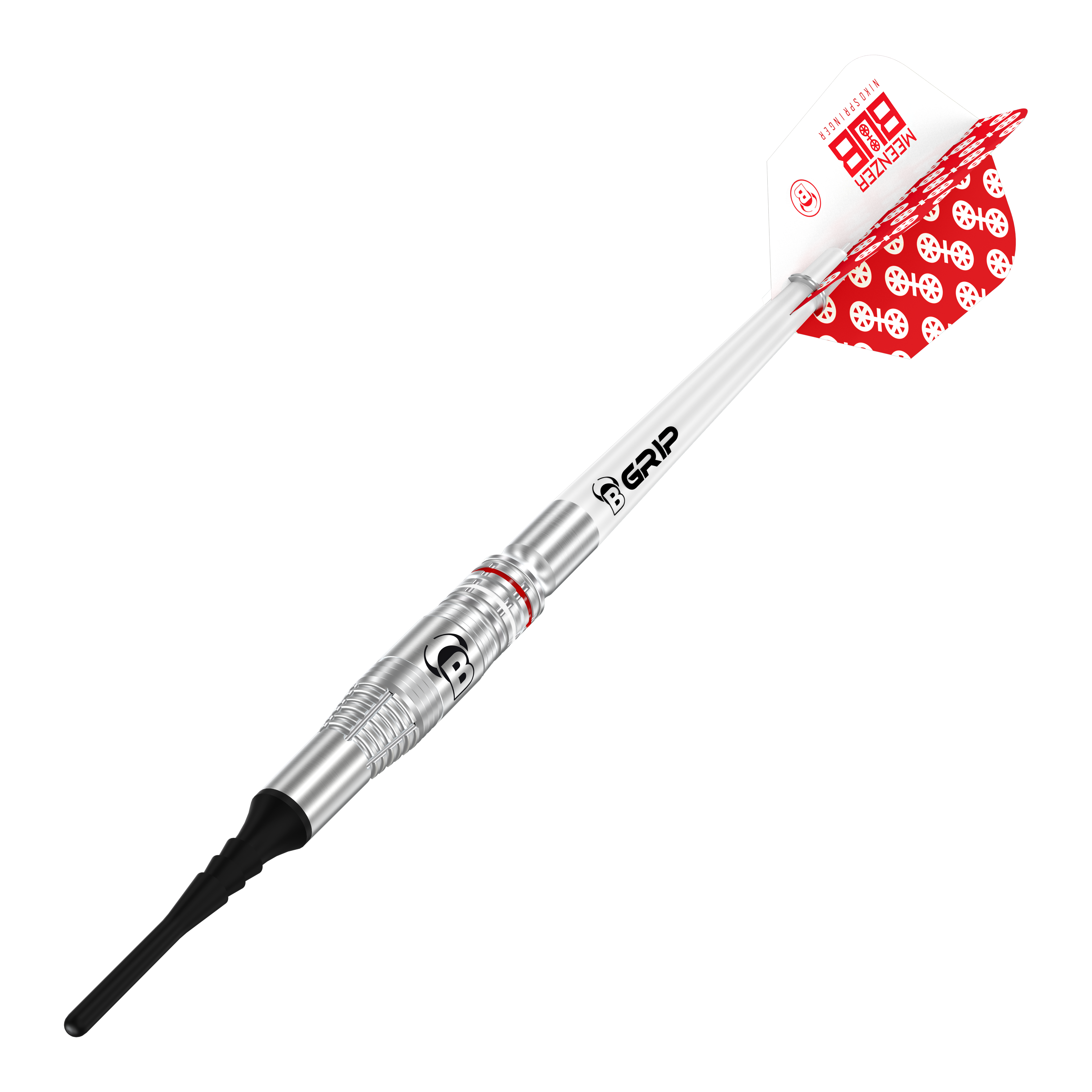 Fléchettes souples Bulls Niko Springer - 22 g Das Bild zeigt einen Bulls Niko Springer Softdart mit einem Gewicht von 22g. Der Dart hat einen silbernen Schaft, schwarze Spitze und weiße Flights mit rotem Muster.