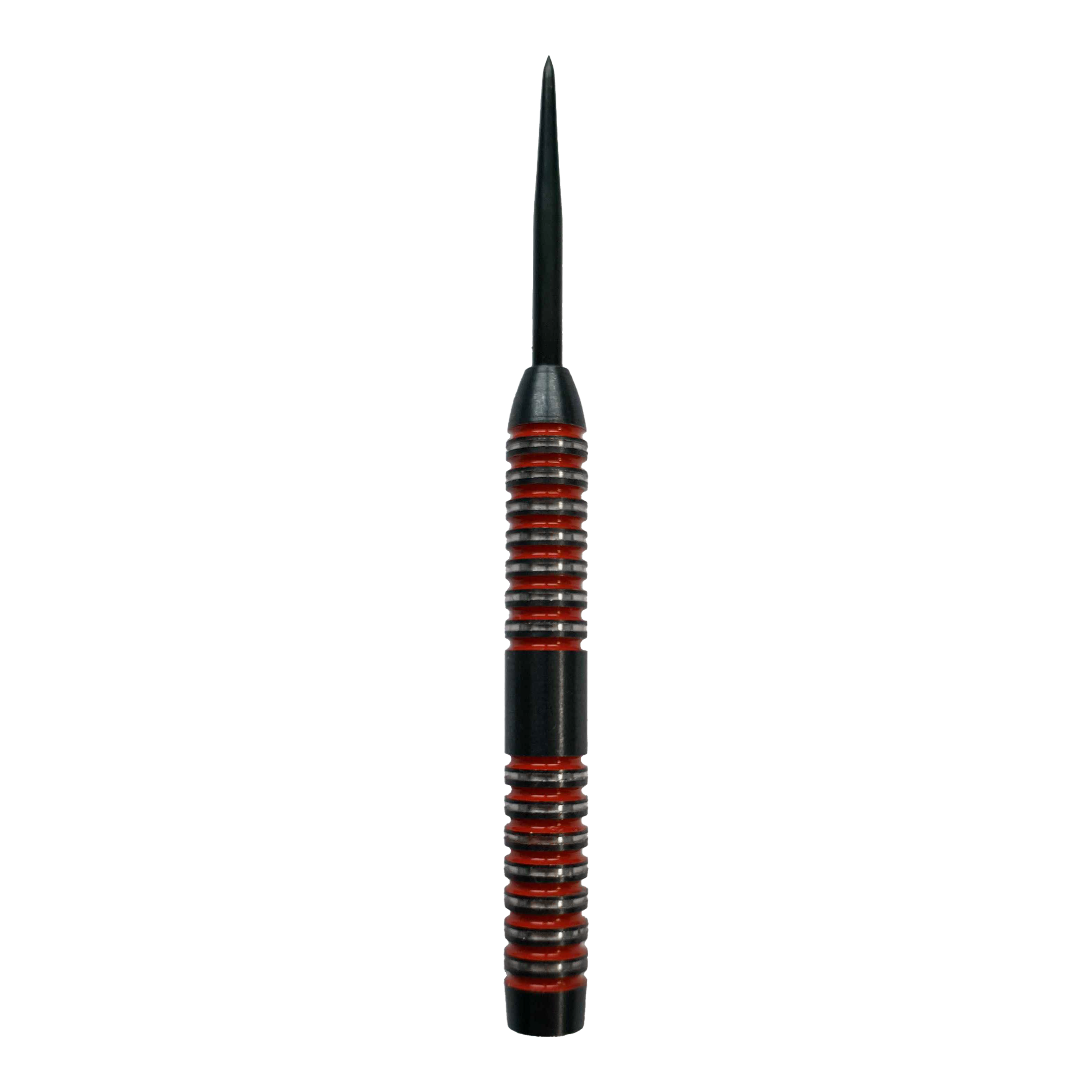 Canons en acier McDart Crimson Das Bild zeigt einen McDart Crimson Steeldart Barrel mit schwarzem und rotem Design. Der Barrel hat eine gerillte Oberfläche für besseren Halt.