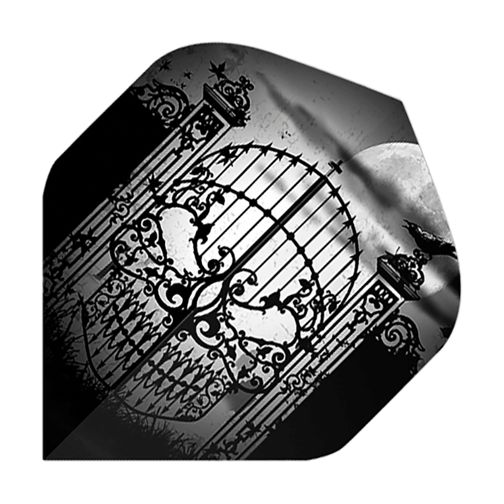 Alchemy Abandon All Hope No2 Vols Standard Das Bild zeigt ein schwarz-weißes Motiv mit einem verzierten eisernen Tor vor einem Vollmond. Eine Krähe sitzt auf einem der Torpfeiler und verstärkt die mystische Atmosphäre.