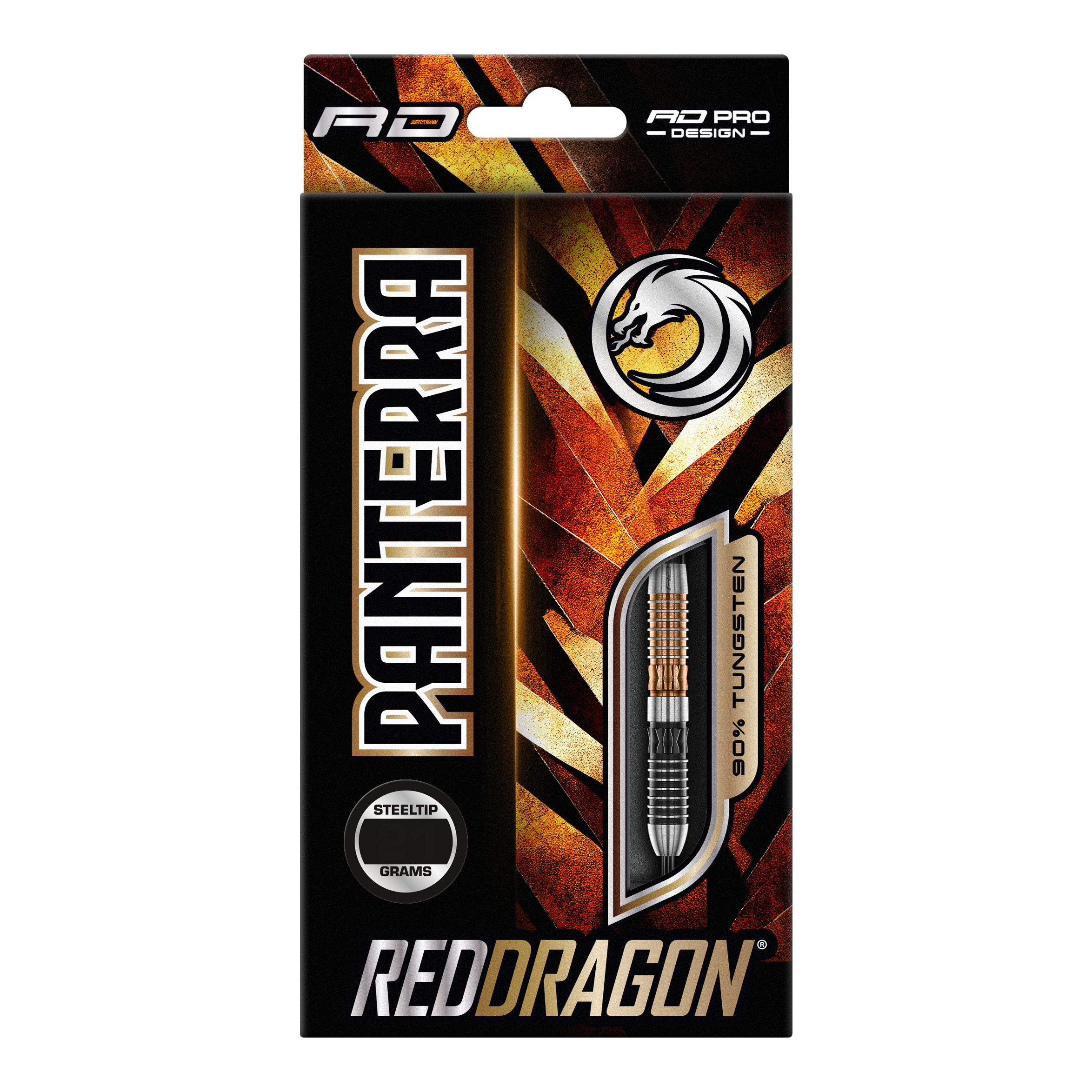 Fléchettes en acier Red Dragon Panterra Die Abbildung zeigt die Verpackung der "Red Dragon Panterra Steeldarts". Das Design ist auffällig mit goldenen und schwarzen Farben gestaltet und hebt den Dart mit 90% Tungsten-Anteil hervor.