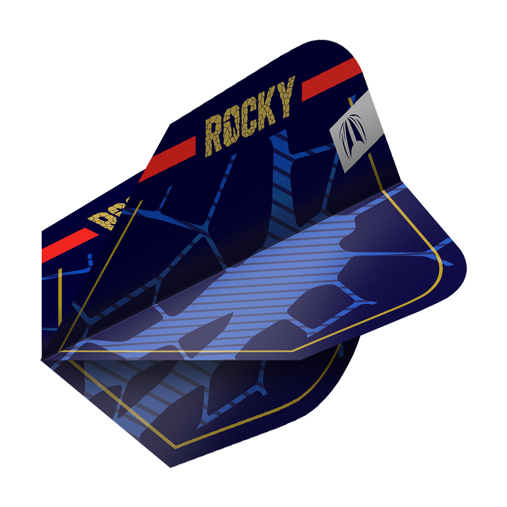 Ailettes Target Pro Ultra Josh Rock GEN1 Ten-X - 3 jeux Das Bild zeigt ein Set von blauen Dart-Flights mit dem Aufdruck "ROCKY" in goldener Schrift. Die Flights haben ein modernes Design mit blauen Linien und einem roten Streifen am oberen Rand.