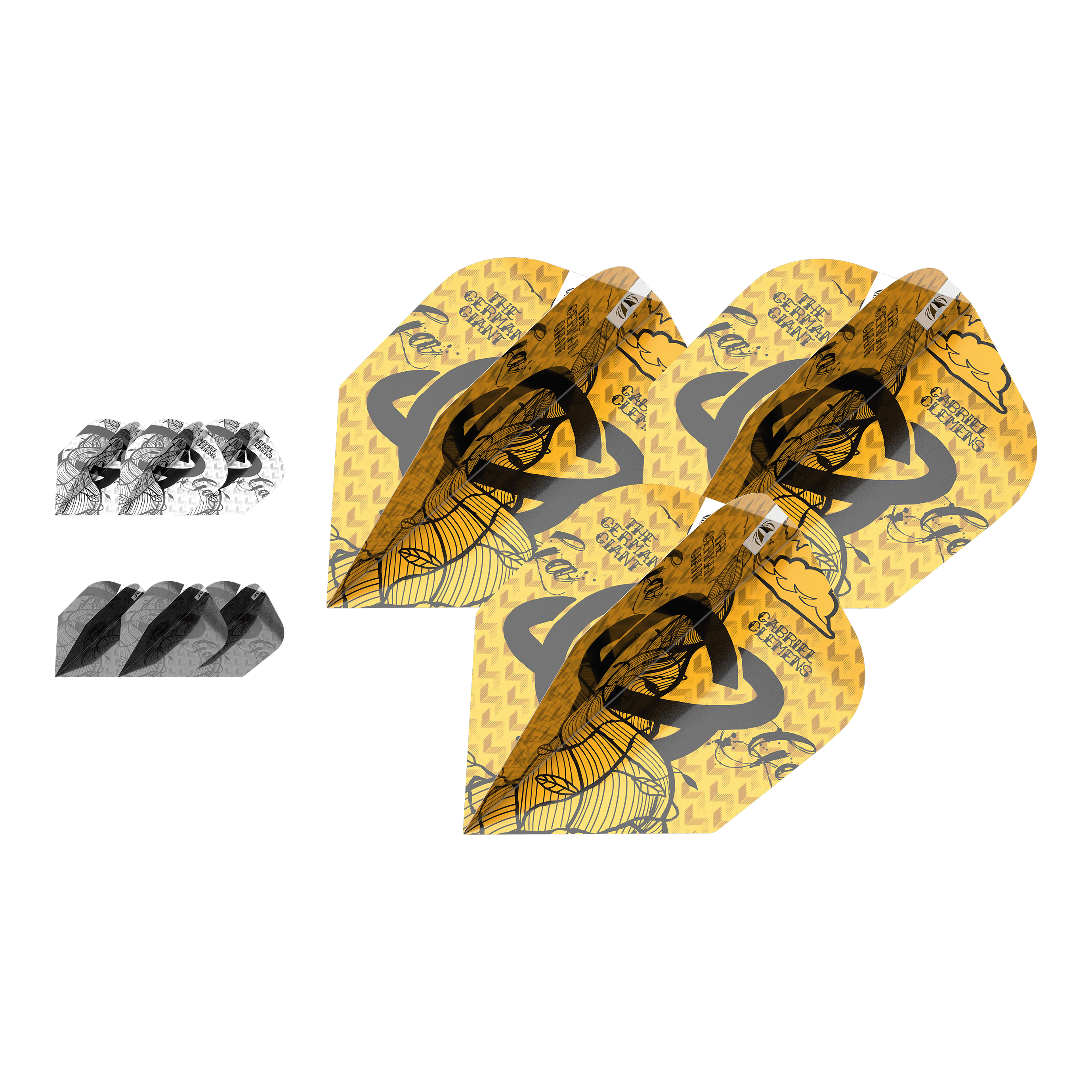 Target Ink Bundle 3 ensembles de vols Gabriel Clemens No6 Das Bild zeigt drei Sets Dart-Flights aus dem "Target Ink Bundle 3 Sets Gabriel Clemens No6 Flights". Zwei Sets sind in Schwarz-Weiß und ein Set ist gelb mit einem besonderen Design.