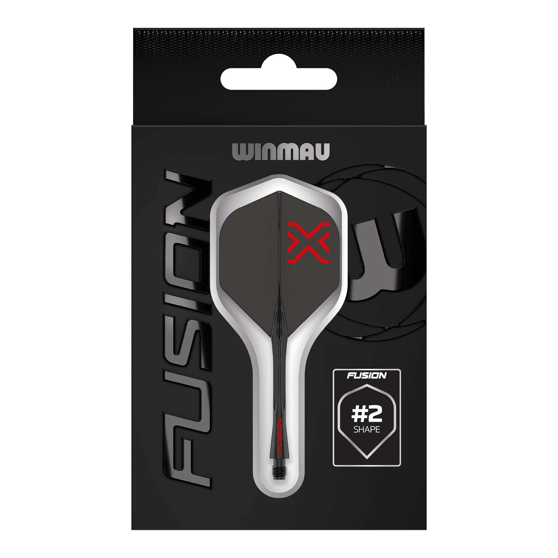 Système de vol standard Winmau Fusion Blade X No2 - Noir Das Bild zeigt das Winmau Fusion Blade X No2 Standard Flight-Shaft-System in Schwarz. Es verbindet ein Flight mit einem Schaft in elegantem, schwarzem Design.