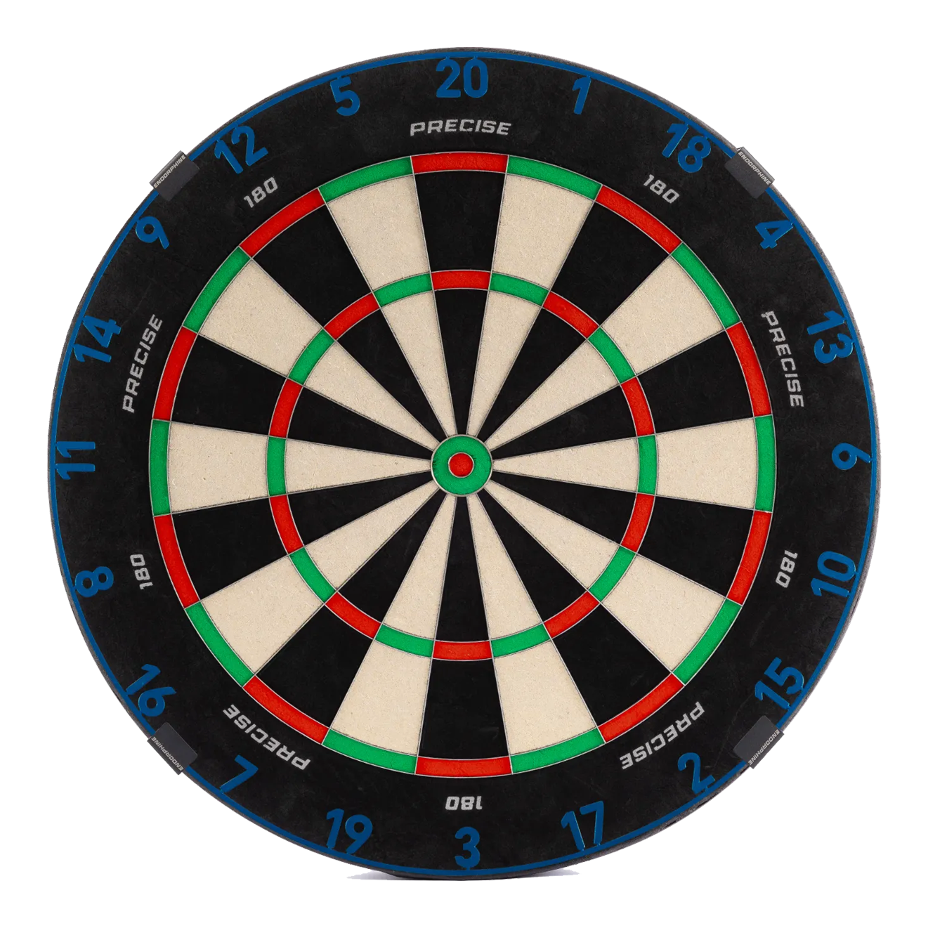 Cible de fléchettes Precise 180 Endorphine en acier avec anneau numéroté - Bleu arctique Das ist das Precise 180 Endorphine Steeldartboard mit Nummernring in Arctic Blue. Das Dartboard wird in leuchtendem Blau gezeigt.