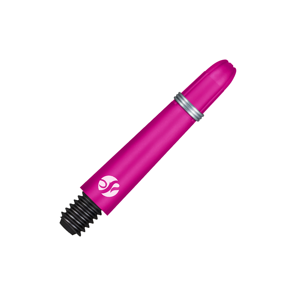 Tiges en carbone Shot Koi - Rose Das Bild zeigt einen pinkfarbenen Dartshaft mit Schraubgewinde. Der Schaft hat einen silbernen Ring und ein weißes Logo.
